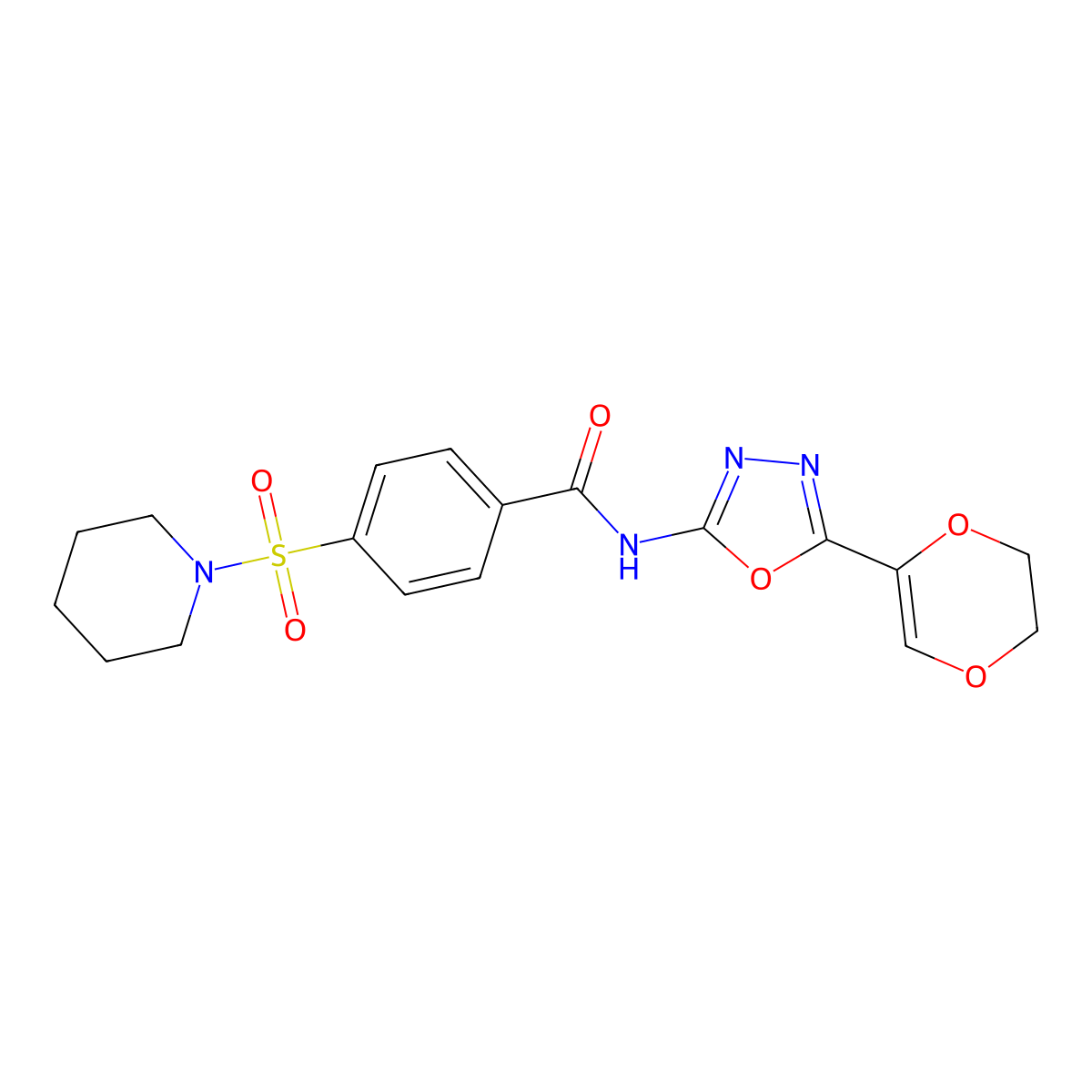 N-(5-(5,6-dihydro-1,4-dioxin-2-yl)-1,3,4-oxadiazol-2-yl)-4-(piperidin-1-ylsulfonyl)benzamide molecular structure, CAS 851094-81-0