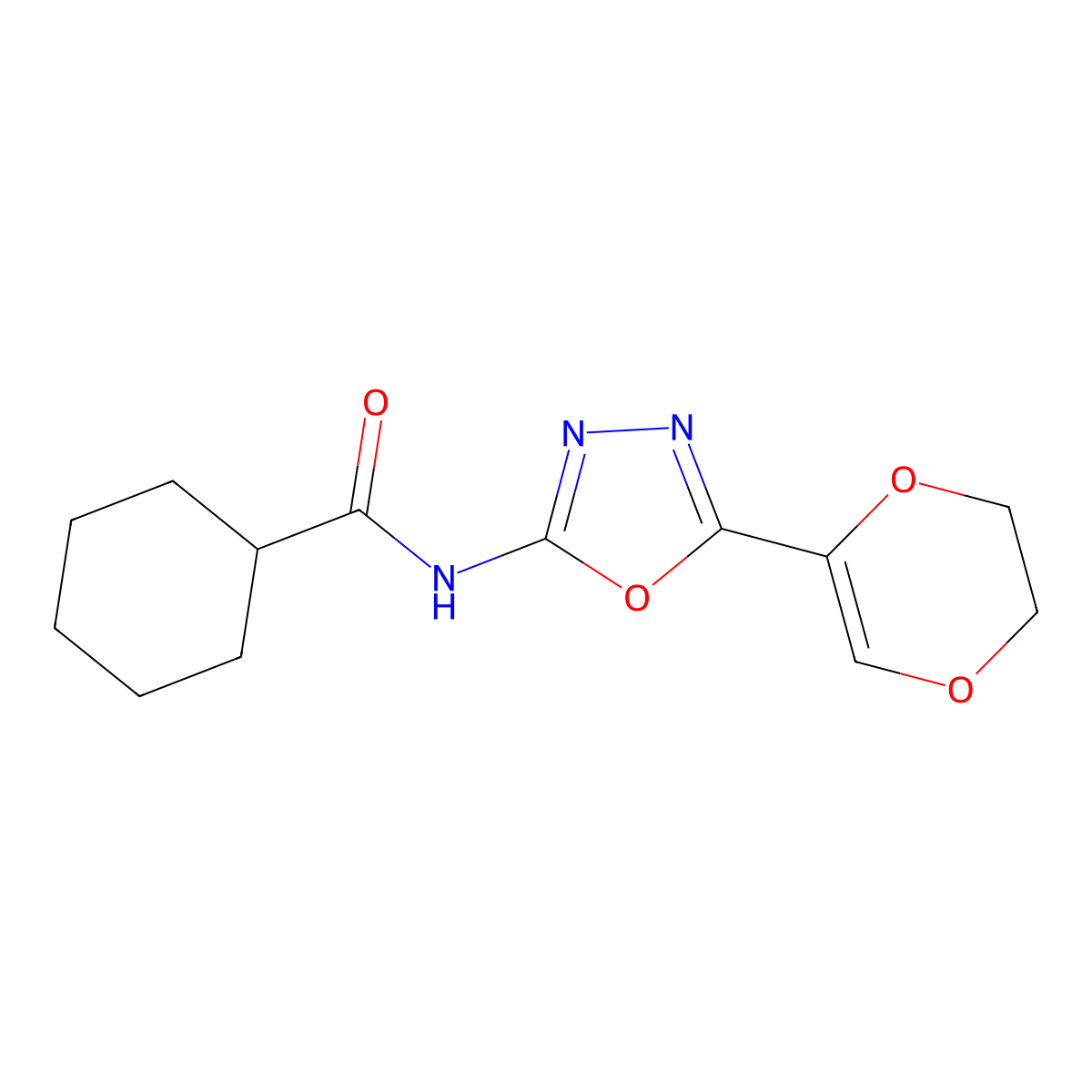 N-[5-(5,6-dihydro-1,4-dioxin-2-yl)-1,3,4-oxadiazol-2-yl]cyclohexanecarboxamide molecular structure, CAS 851094-86-5