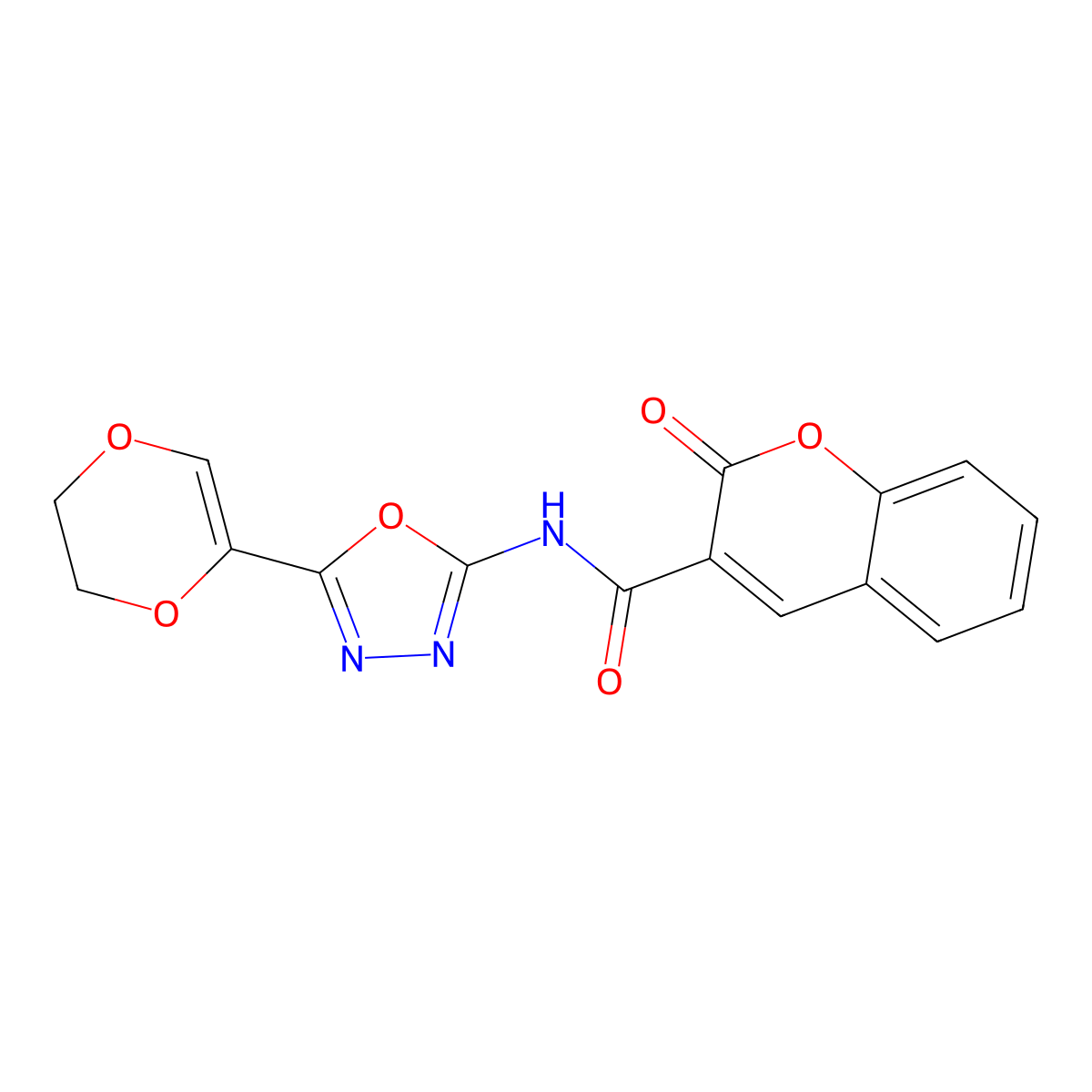 N-(5-(5,6-dihydro-1,4-dioxin-2-yl)-1,3,4-oxadiazol-2-yl)-2-oxo-2H-chromene-3-carboxamide molecular structure, CAS 851094-88-7