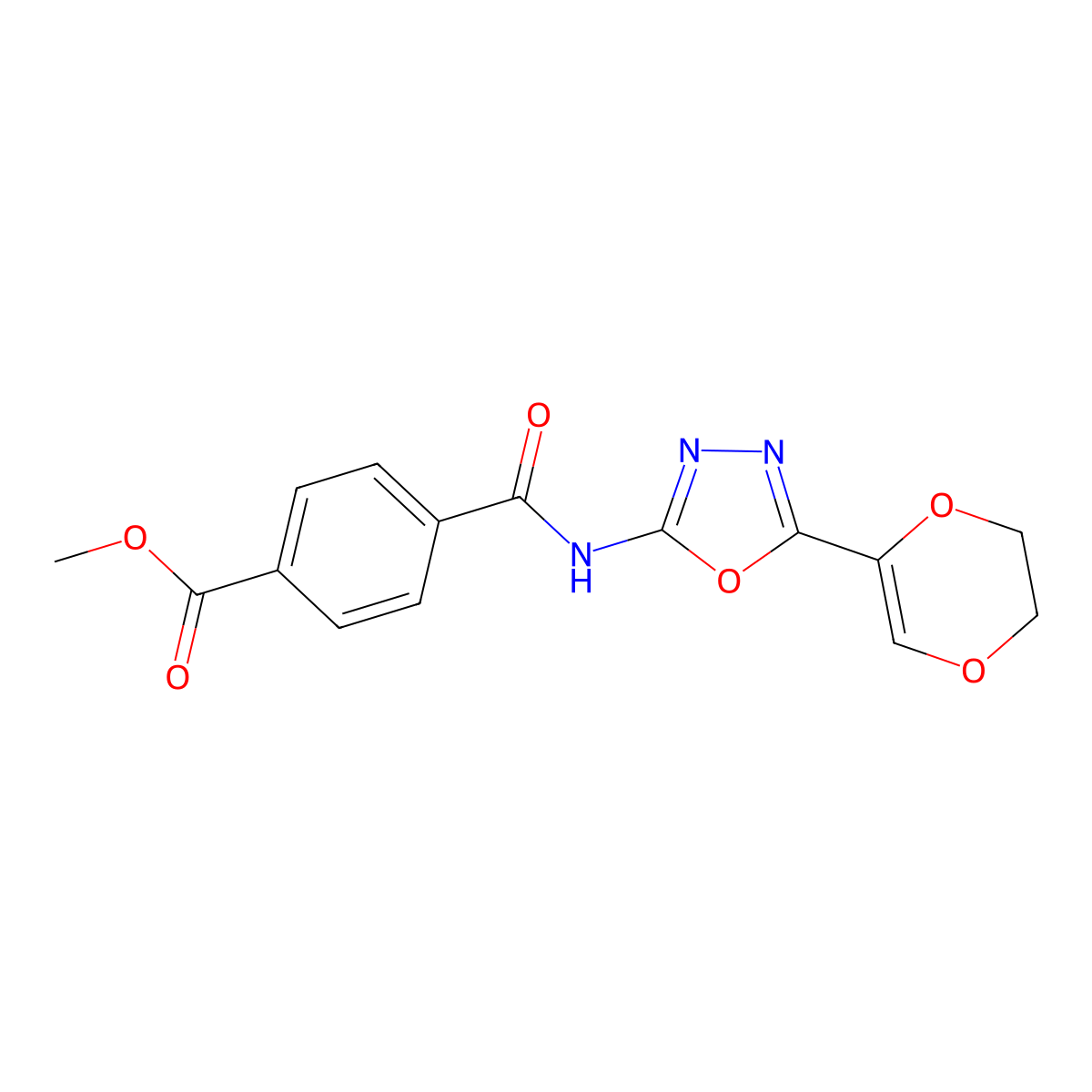 Methyl 4-{[5-(5,6-dihydro-1,4-dioxin-2-yl)-1,3,4-oxadiazol-2-yl]carbamoyl}benzoate molecular structure, CAS 851094-91-2