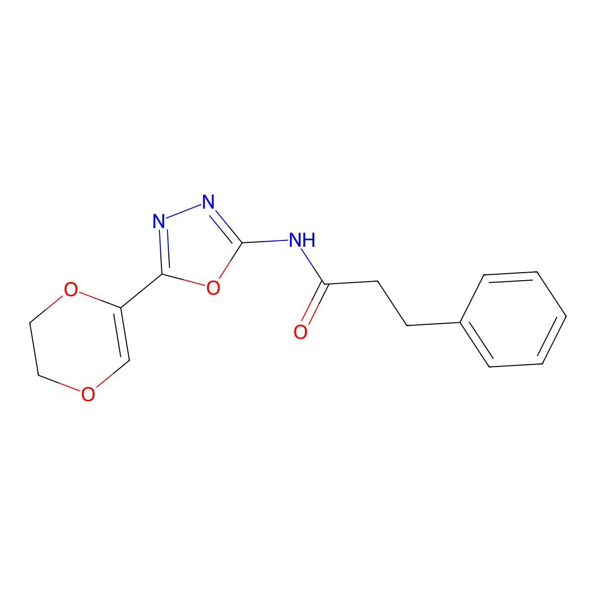 N-(5-(5,6-dihydro-1,4-dioxin-2-yl)-1,3,4-oxadiazol-2-yl)-3-phenylpropanamide molecular structure, CAS 851095-04-0