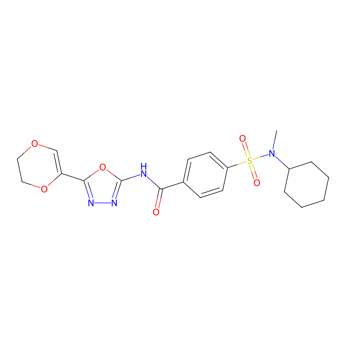 4-(N-cyclohexyl-N-methylsulfamoyl)-N-(5-(5,6-dihydro-1,4-dioxin-2-yl)-1,3,4-oxadiazol-2-yl)benzamide molecular structure, CAS 851095-07-3