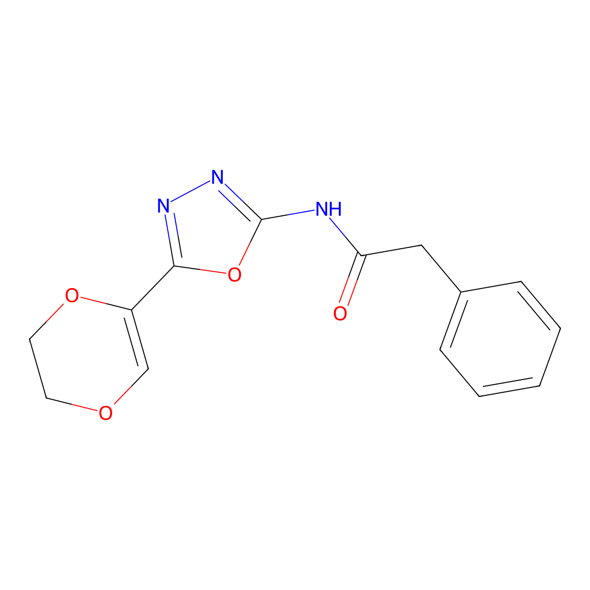 N-(5-(5,6-dihydro-1,4-dioxin-2-yl)-1,3,4-oxadiazol-2-yl)-2-phenylacetamide molecular structure, CAS 851095-08-4
