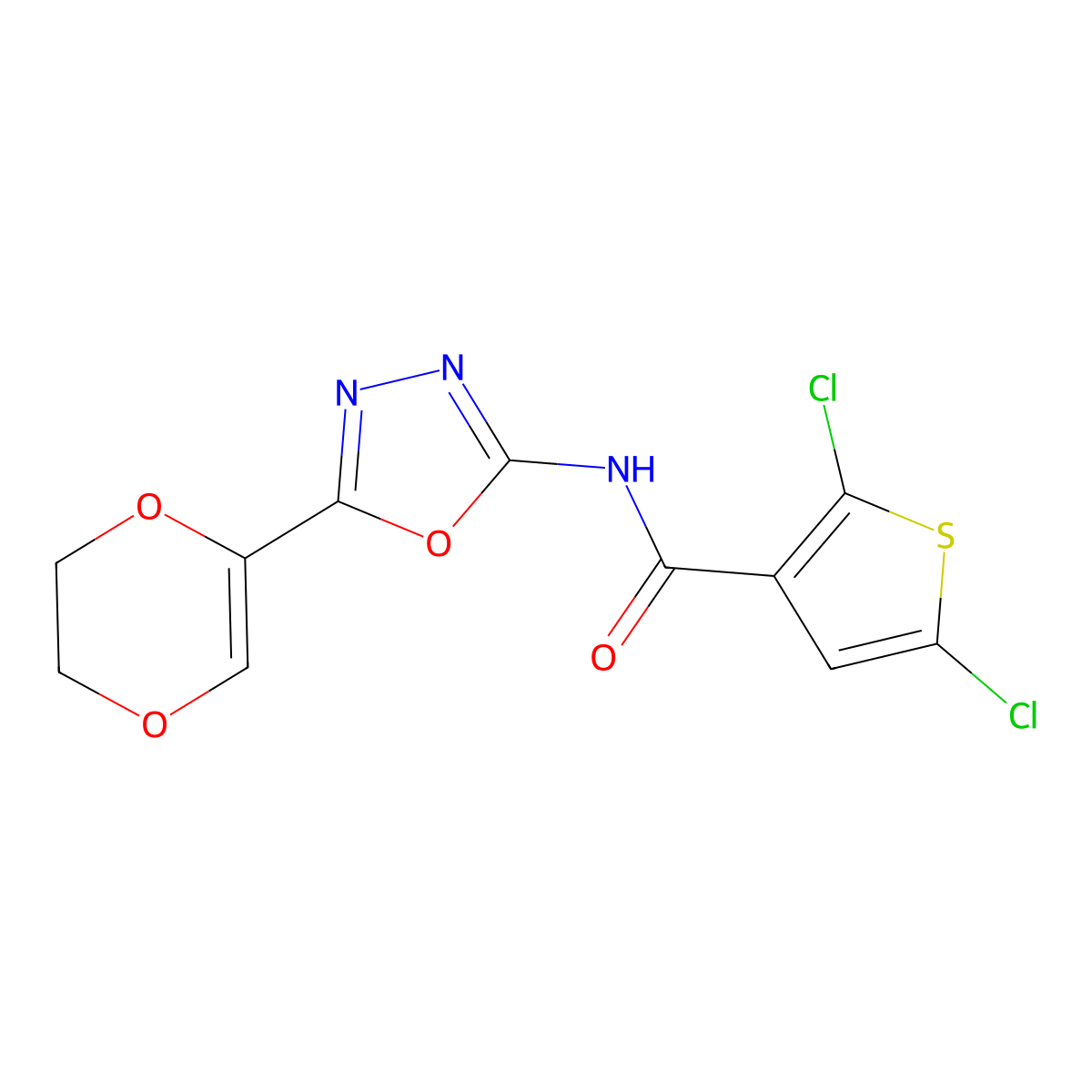 2,5-dichloro-N-[5-(5,6-dihydro-1,4-dioxin-2-yl)-1,3,4-oxadiazol-2-yl]thiophene-3-carboxamide molecular structure, CAS 851095-13-1