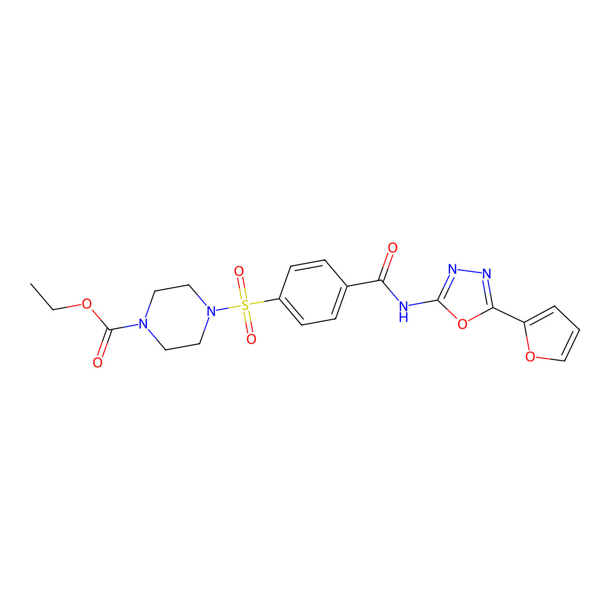 Ethyl 4-((4-((5-(furan-2-yl)-1,3,4-oxadiazol-2-yl)carbamoyl)phenyl)sulfonyl)piperazine-1-carboxylate molecular structure, CAS 851095-38-0