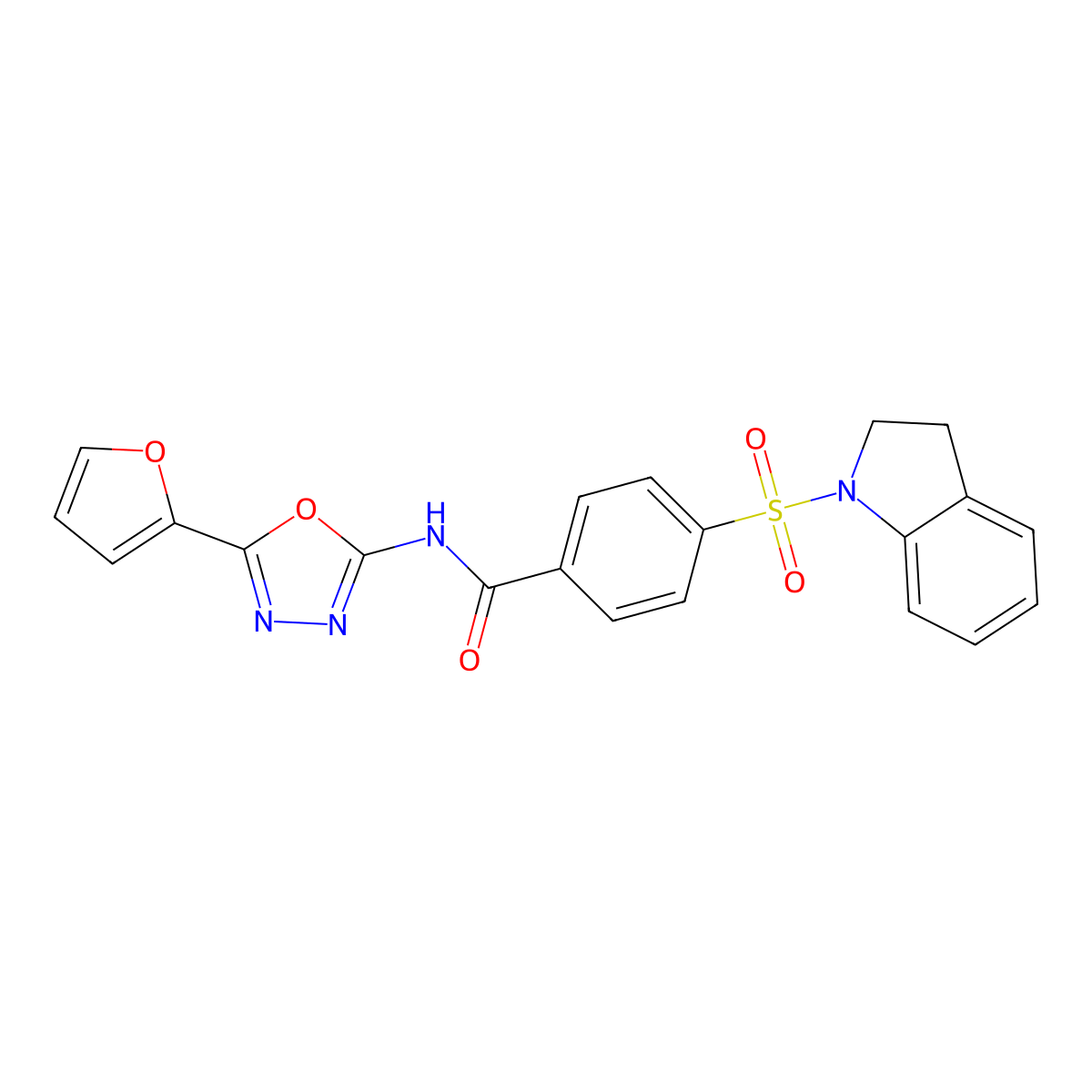 N-(5-(furan-2-yl)-1,3,4-oxadiazol-2-yl)-4-(indolin-1-ylsulfonyl)benzamide molecular structure, CAS 851095-62-0