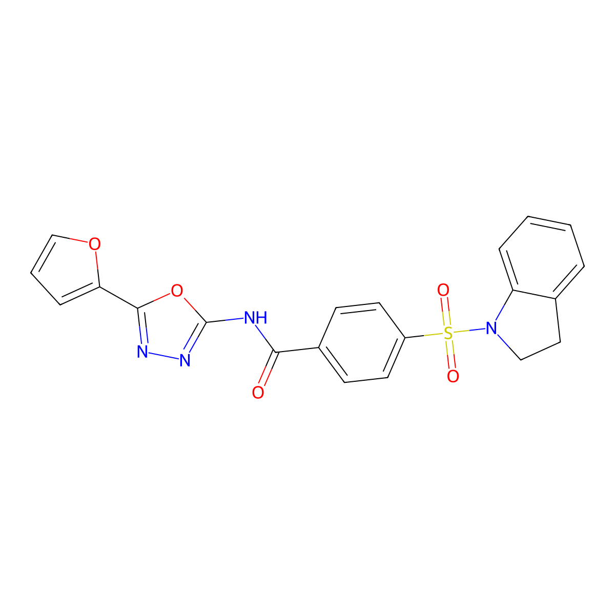 N-(5-(furan-2-yl)-1,3,4-oxadiazol-2-yl)-4-(indolin-1-ylsulfonyl)benzamide molecular structure, CAS 851095-62-0