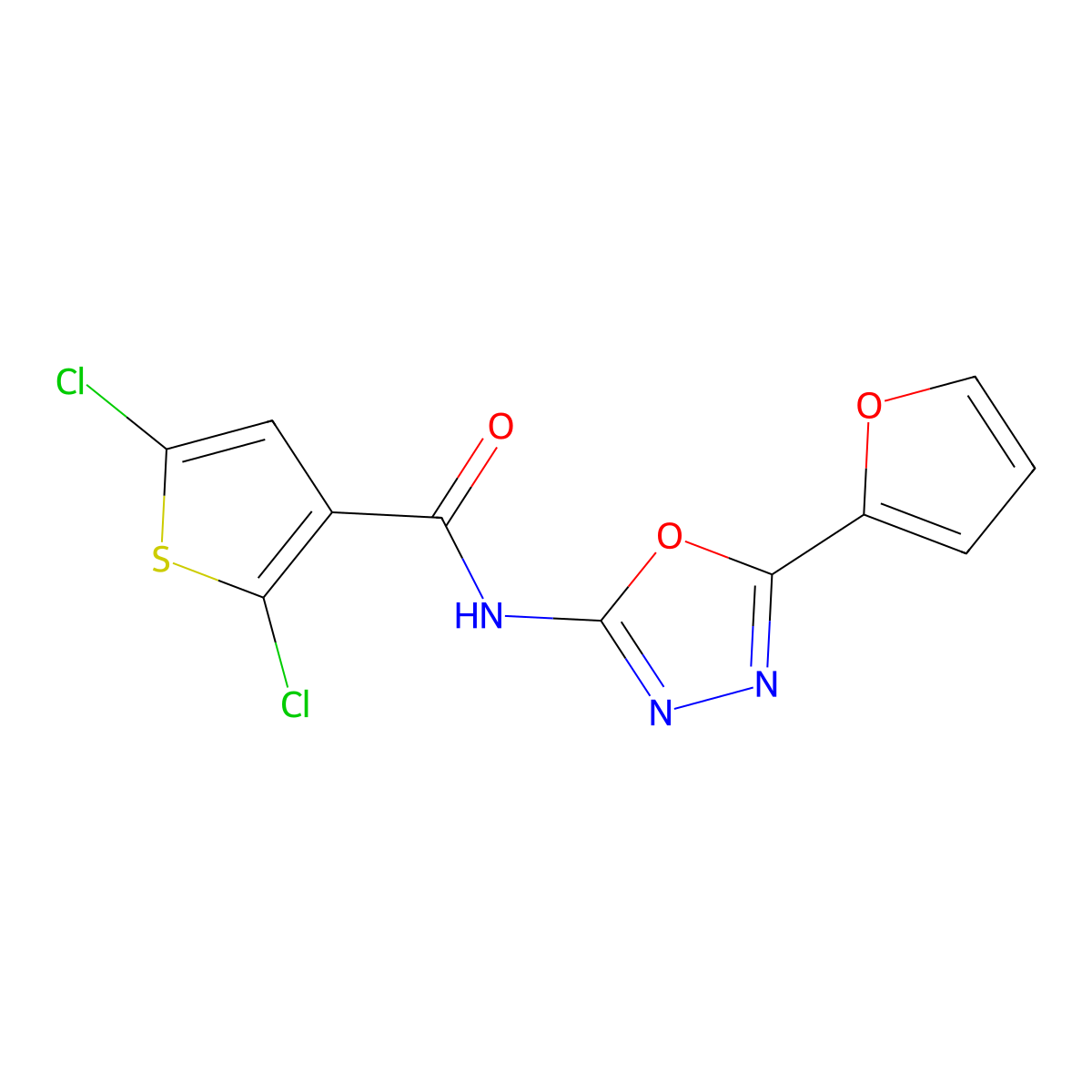 2,5-dichloro-N-[5-(furan-2-yl)-1,3,4-oxadiazol-2-yl]thiophene-3-carboxamide molecular structure, CAS 851095-66-4