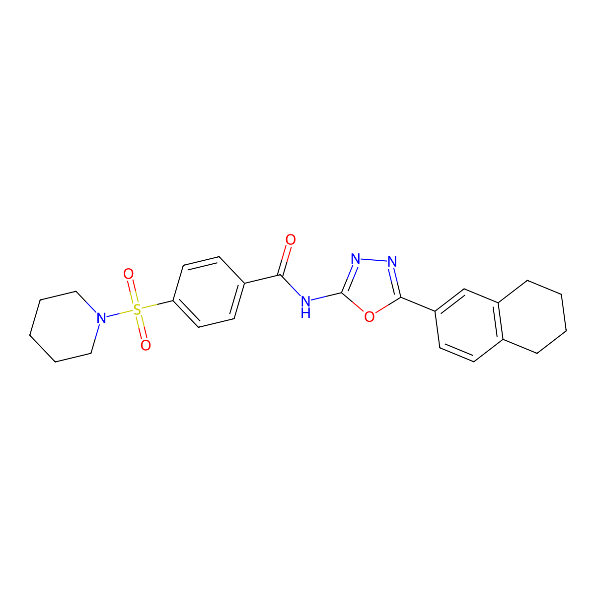 4-(piperidin-1-ylsulfonyl)-N-(5-(5,6,7,8-tetrahydronaphthalen-2-yl)-1,3,4-oxadiazol-2-yl)benzamide molecular structure, CAS 851095-73-3