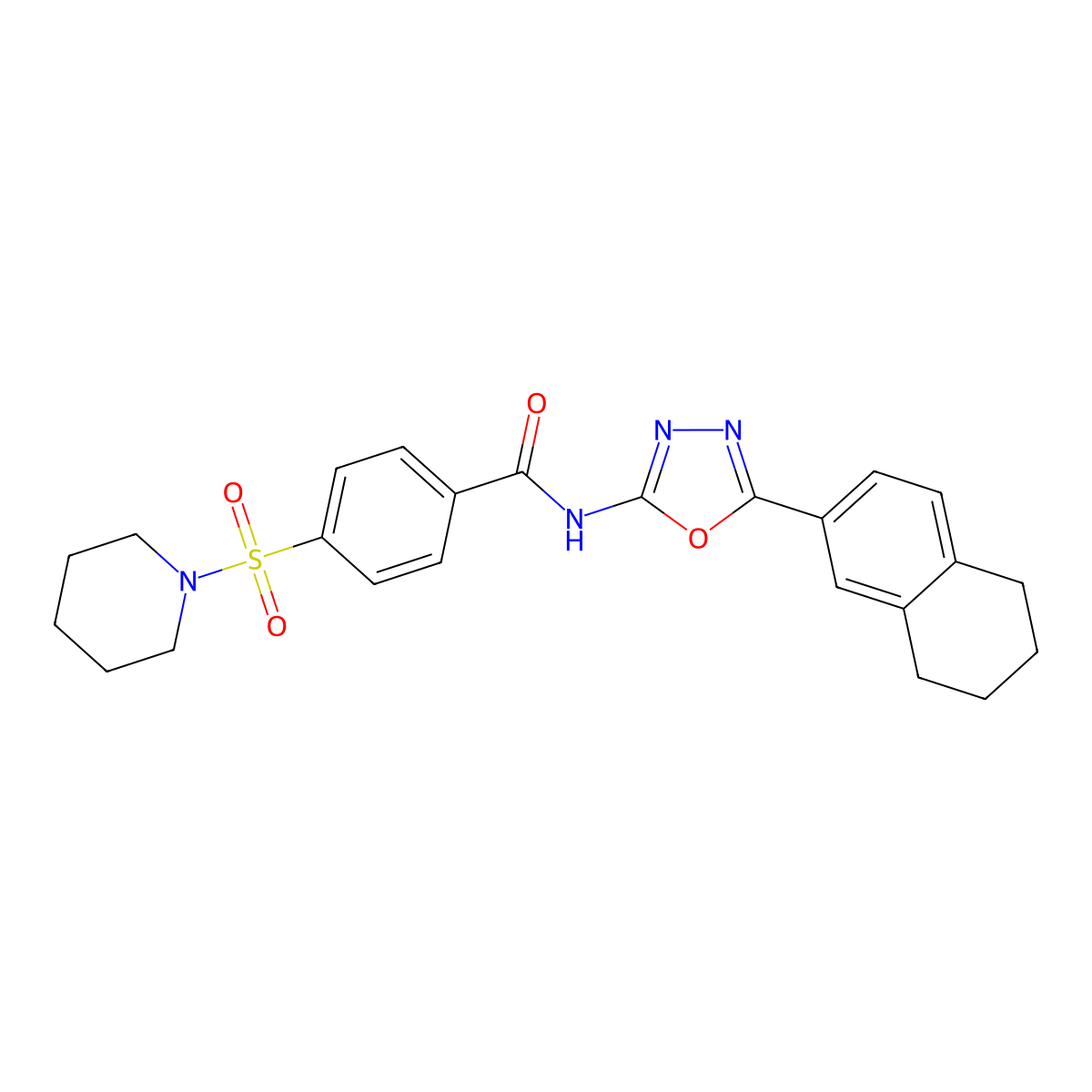 4-(piperidin-1-ylsulfonyl)-N-(5-(5,6,7,8-tetrahydronaphthalen-2-yl)-1,3,4-oxadiazol-2-yl)benzamide molecular structure, CAS 851095-73-3