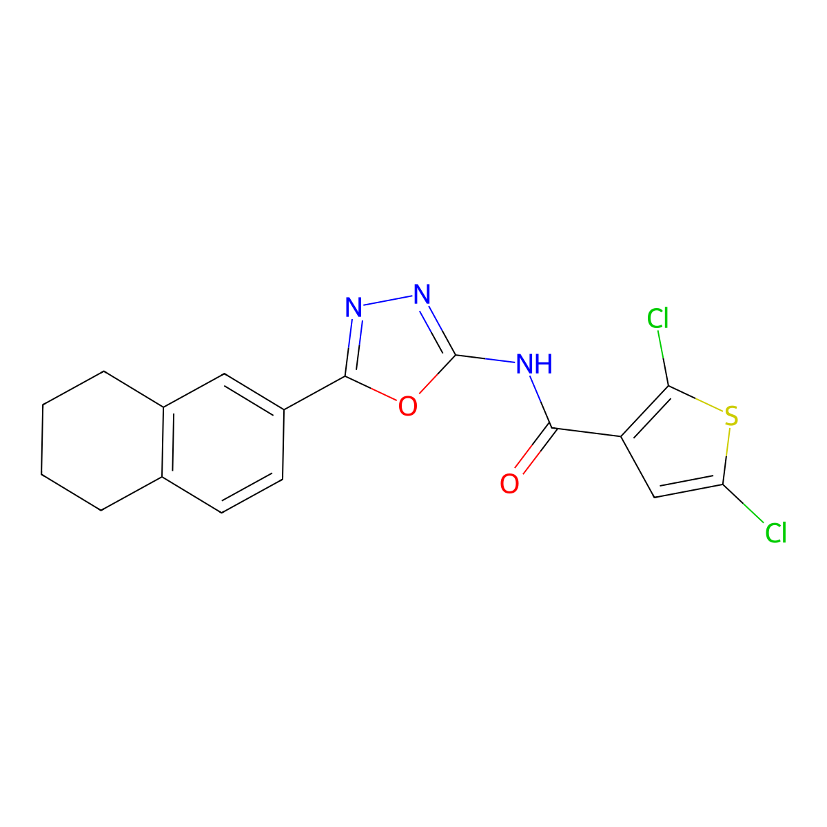 2,5-dichloro-N-[5-(5,6,7,8-tetrahydronaphthalen-2-yl)-1,3,4-oxadiazol-2-yl]thiophene-3-carboxamide molecular structure, CAS 851096-00-9