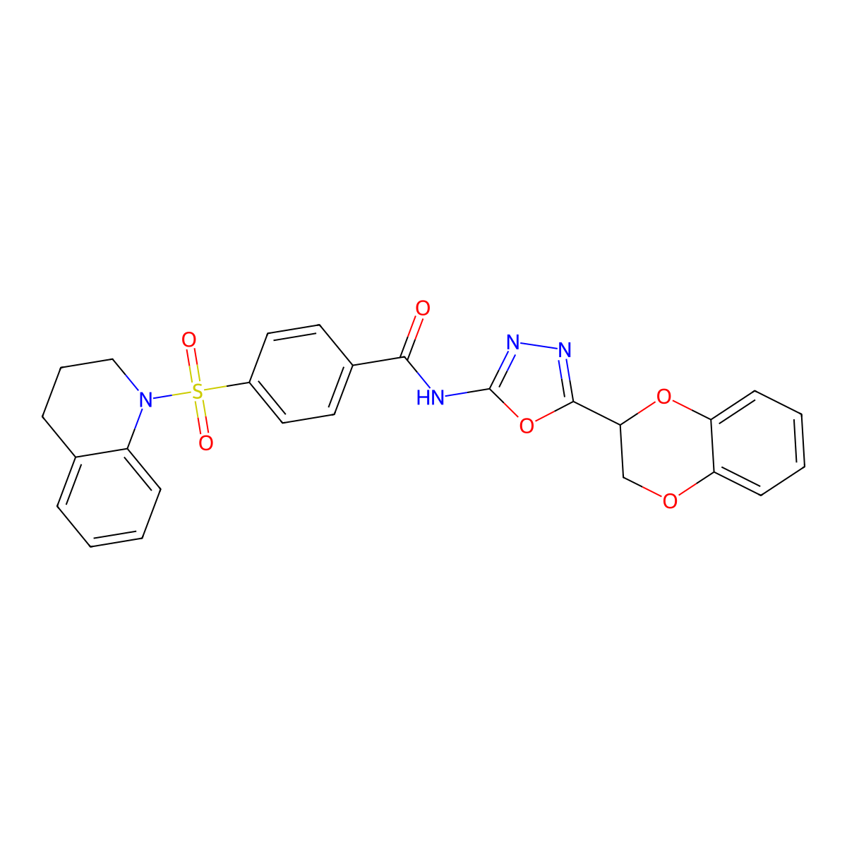 N-(5-(2,3-dihydrobenzo[b][1,4]dioxin-2-yl)-1,3,4-oxadiazol-2-yl)-4-((3,4-dihydroquinolin-1(2H)-yl)sulfonyl)benzamide molecular structure, CAS 851096-02-1