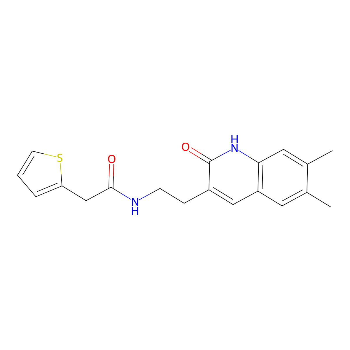 N-[2-(6,7-dimethyl-2-oxo-1H-quinolin-3-yl)ethyl]-2-thiophen-2-ylacetamide molecular structure, CAS 851096-21-4
