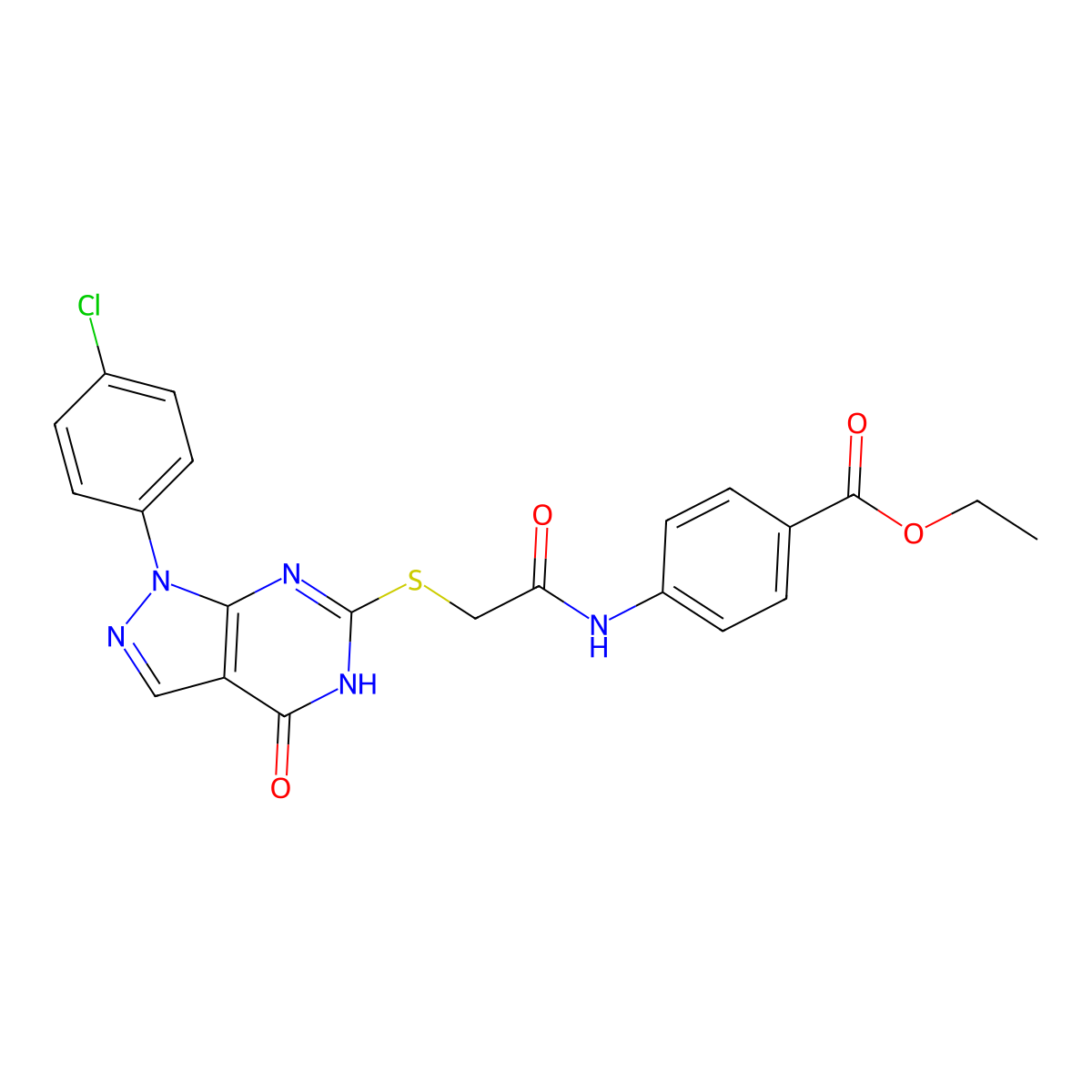 ethyl 4-(2-((1-(4-chlorophenyl)-4-oxo-4,5-dihydro-1H-pyrazolo[3,4-d]pyrimidin-6-yl)thio)acetamido)benzoate molecular structure, CAS 851122-86-6