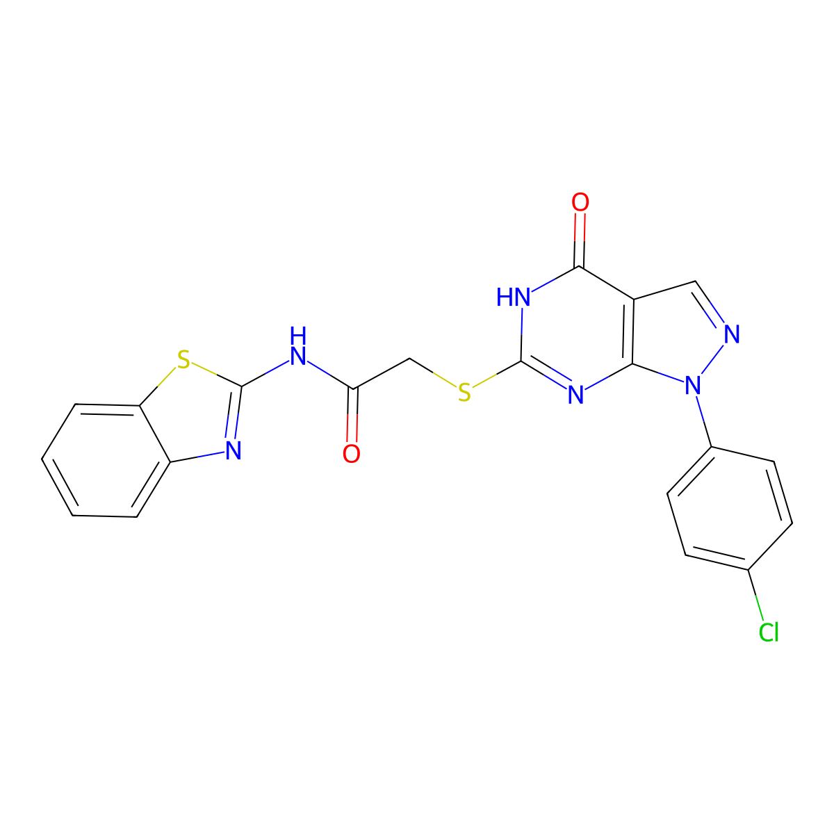 N-(benzo[d]thiazol-2-yl)-2-((1-(4-chlorophenyl)-4-oxo-4,5-dihydro-1H-pyrazolo[3,4-d]pyrimidin-6-yl)thio)acetamide molecular structure, CAS 851123-11-0