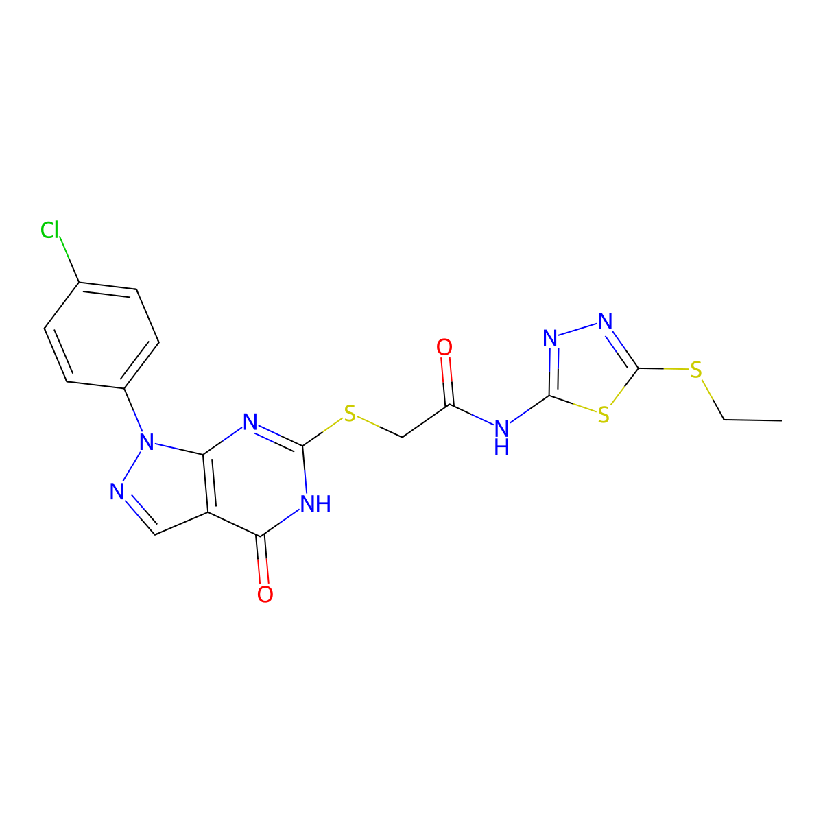 2-((1-(4-chlorophenyl)-4-oxo-4,5-dihydro-1H-pyrazolo[3,4-d]pyrimidin-6-yl)thio)-N-(5-(ethylthio)-1,3,4-thiadiazol-2-yl)acetamide molecular structure, CAS 851123-14-3