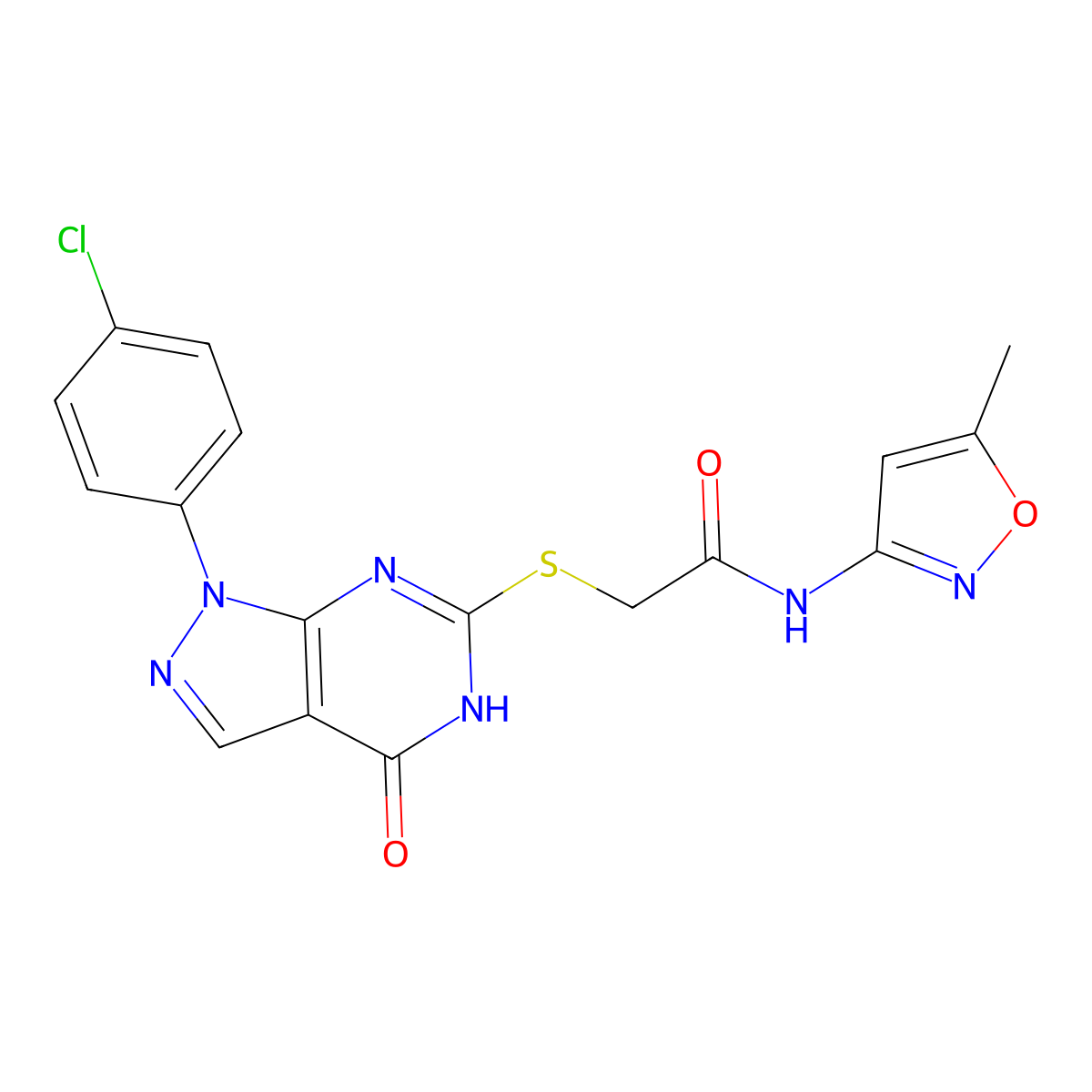 2-((1-(4-chlorophenyl)-4-oxo-4,5-dihydro-1H-pyrazolo[3,4-d]pyrimidin-6-yl)thio)-N-(5-methylisoxazol-3-yl)acetamide molecular structure, CAS 851123-17-6