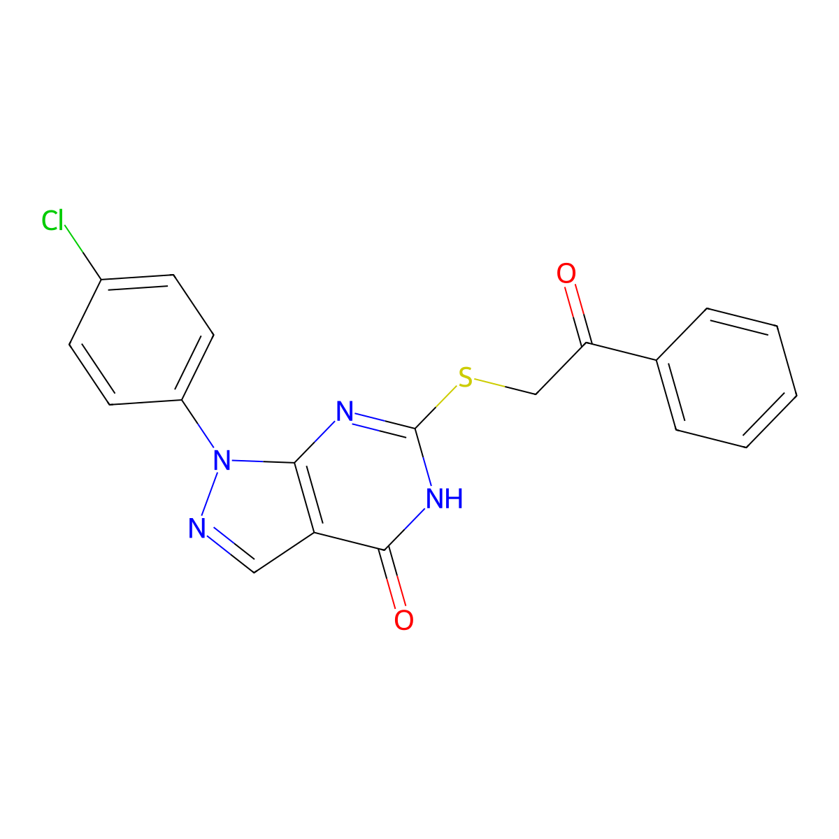 1-(4-chlorophenyl)-6-((2-oxo-2-phenylethyl)thio)-1H-pyrazolo[3,4-d]pyrimidin-4(5H)-one molecular structure, CAS 851123-39-2