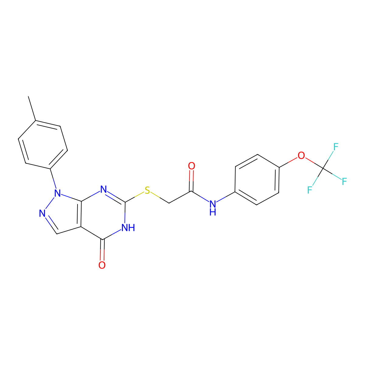 2-((4-oxo-1-(p-tolyl)-4,5-dihydro-1H-pyrazolo[3,4-d]pyrimidin-6-yl)thio)-N-(4-(trifluoromethoxy)phenyl)acetamide molecular structure, CAS 851123-45-0