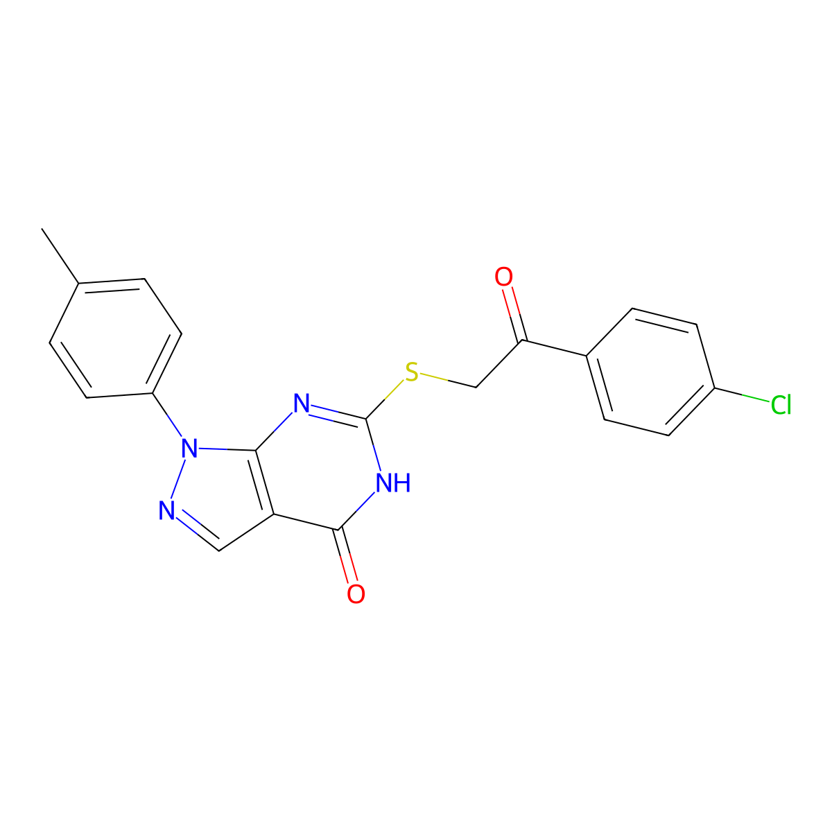 6-((2-(4-chlorophenyl)-2-oxoethyl)thio)-1-(p-tolyl)-1H-pyrazolo[3,4-d]pyrimidin-4(5H)-one molecular structure, CAS 851123-51-8