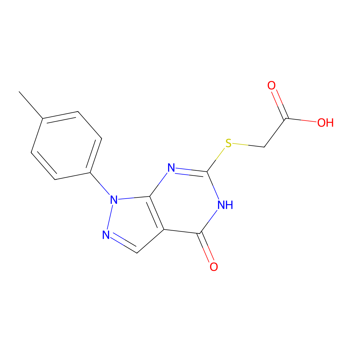 2-((4-oxo-1-(p-tolyl)-4,5-dihydro-1H-pyrazolo[3,4-d]pyrimidin-6-yl)thio)acetic acid molecular structure, CAS 851123-57-4