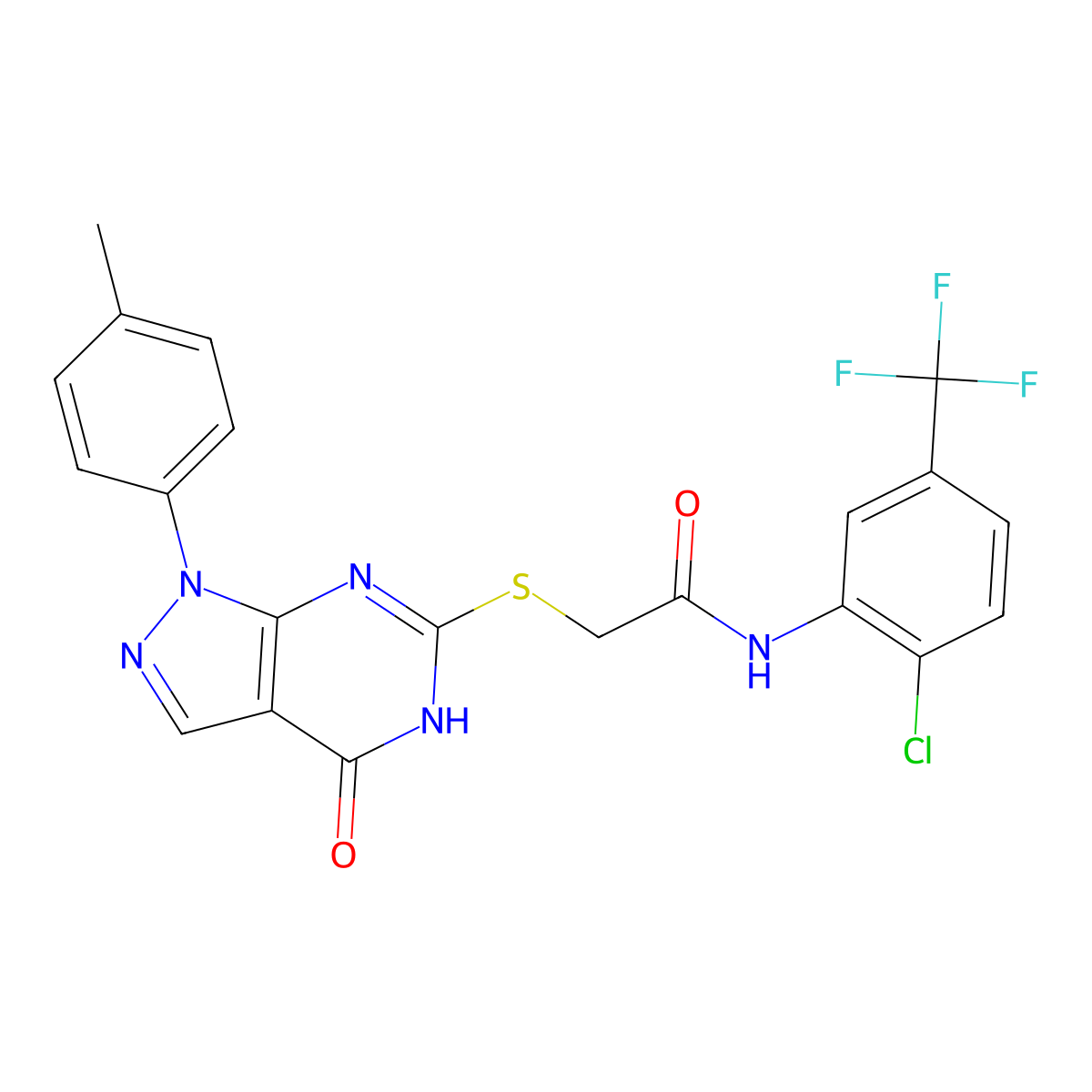 N-(2-chloro-5-(trifluoromethyl)phenyl)-2-((4-oxo-1-(p-tolyl)-4,5-dihydro-1H-pyrazolo[3,4-d]pyrimidin-6-yl)thio)acetamide molecular structure, CAS 851124-59-9