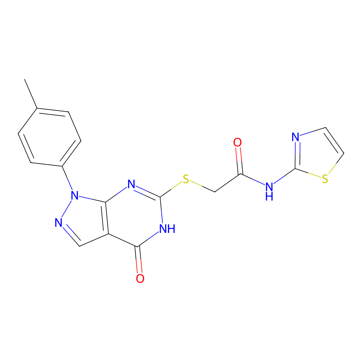 2-((4-oxo-1-(p-tolyl)-4,5-dihydro-1H-pyrazolo[3,4-d]pyrimidin-6-yl)thio)-N-(thiazol-2-yl)acetamide molecular structure, CAS 851124-63-5
