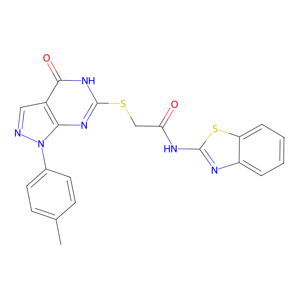 N-(benzo[d]thiazol-2-yl)-2-((4-oxo-1-(p-tolyl)-4,5-dihydro-1H-pyrazolo[3,4-d]pyrimidin-6-yl)thio)acetamide molecular structure, CAS 851124-65-7