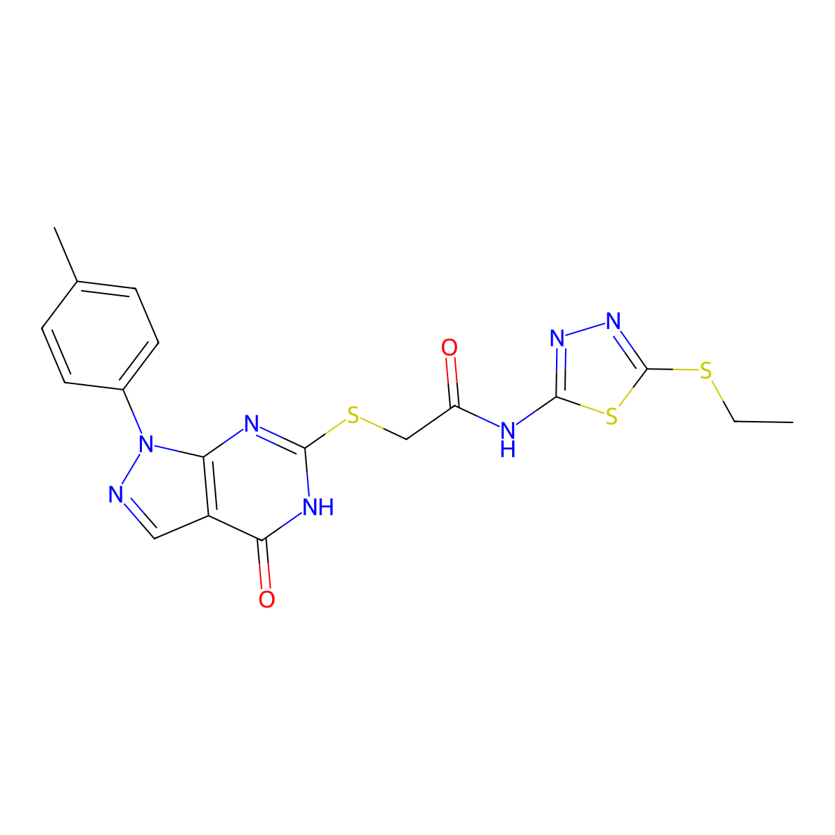 N-(5-(ethylthio)-1,3,4-thiadiazol-2-yl)-2-((4-oxo-1-(p-tolyl)-4,5-dihydro-1H-pyrazolo[3,4-d]pyrimidin-6-yl)thio)acetamide molecular structure, CAS 851124-67-9