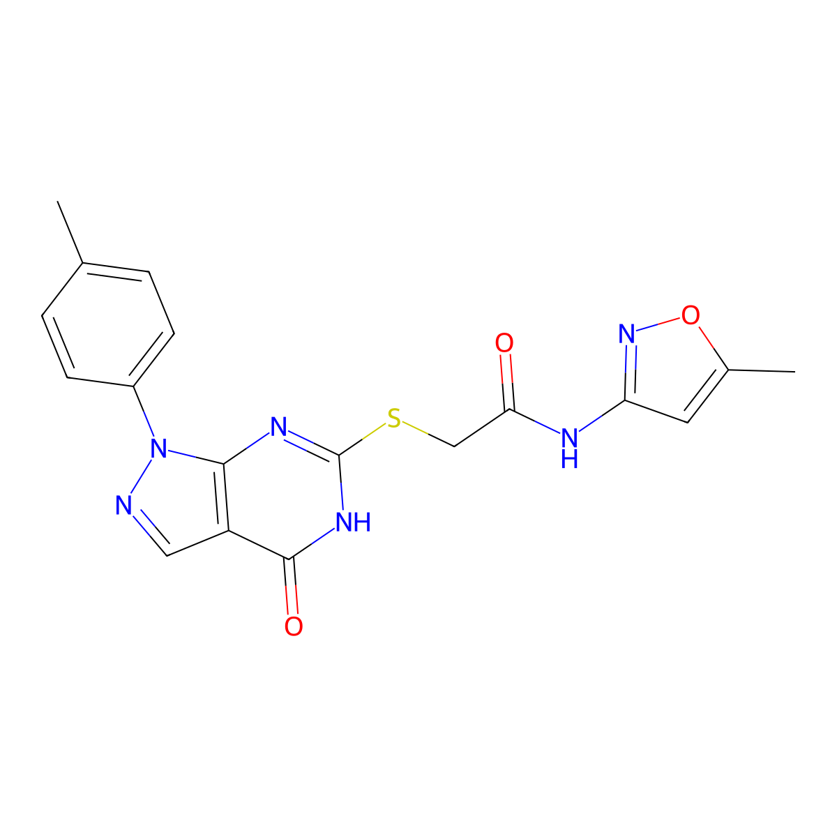 N-(5-methylisoxazol-3-yl)-2-((4-oxo-1-(p-tolyl)-4,5-dihydro-1H-pyrazolo[3,4-d]pyrimidin-6-yl)thio)acetamide molecular structure, CAS 851124-71-5