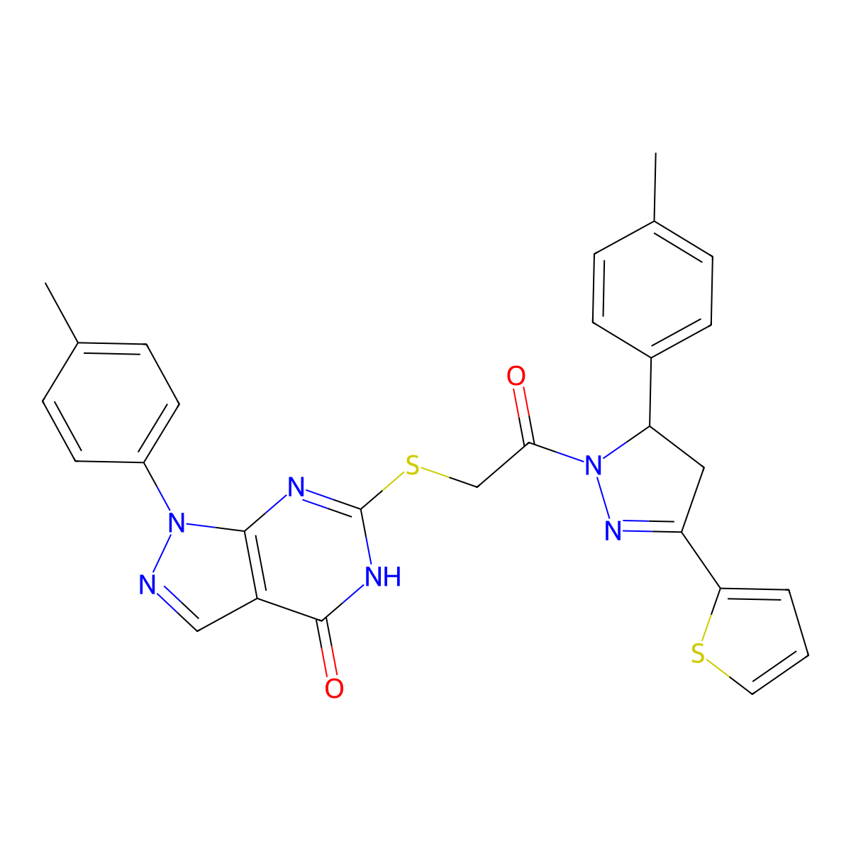 6-((2-oxo-2-(3-(thiophen-2-yl)-5-(p-tolyl)-4,5-dihydro-1H-pyrazol-1-yl)ethyl)thio)-1-(p-tolyl)-1H-pyrazolo[3,4-d]pyrimidin-4(5H)-one molecular structure, CAS 851124-73-7