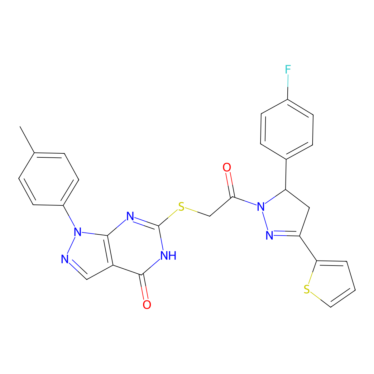6-((2-(5-(4-fluorophenyl)-3-(thiophen-2-yl)-4,5-dihydro-1H-pyrazol-1-yl)-2-oxoethyl)thio)-1-(p-tolyl)-1H-pyrazolo[3,4-d]pyrimidin-4(5H)-one molecular structure, CAS 851124-75-9