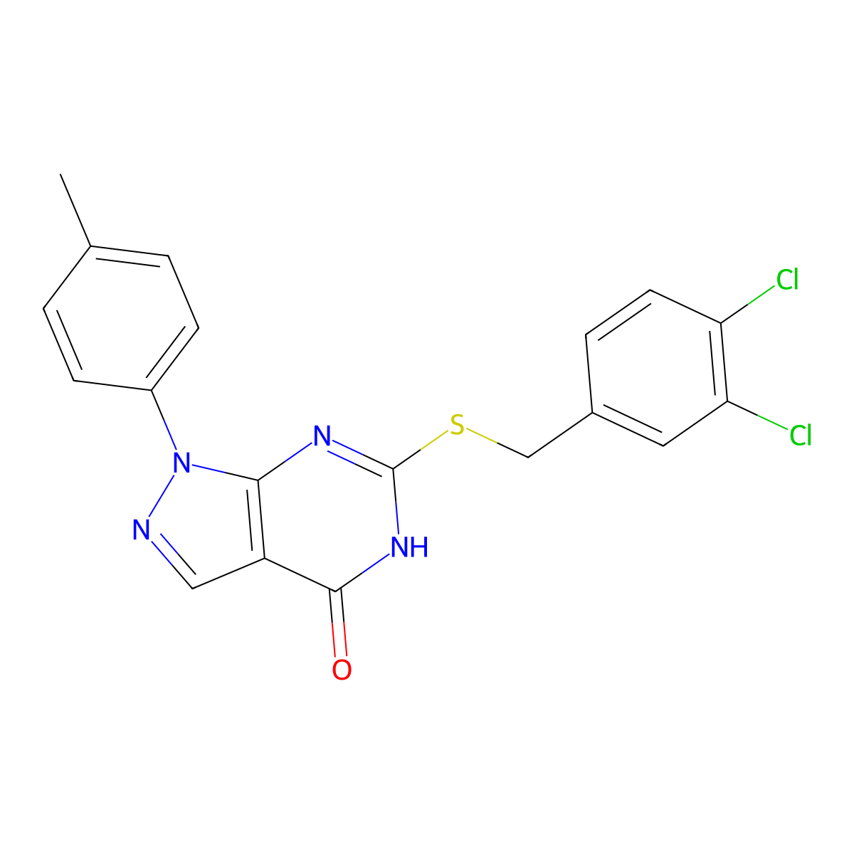 6-((3,4-dichlorobenzyl)thio)-1-(p-tolyl)-1H-pyrazolo[3,4-d]pyrimidin-4(5H)-one molecular structure, CAS 851124-89-5