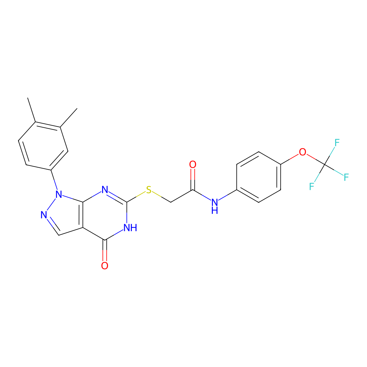 2-((1-(3,4-dimethylphenyl)-4-oxo-4,5-dihydro-1H-pyrazolo[3,4-d]pyrimidin-6-yl)thio)-N-(4-(trifluoromethoxy)phenyl)acetamide molecular structure, CAS 851125-09-2