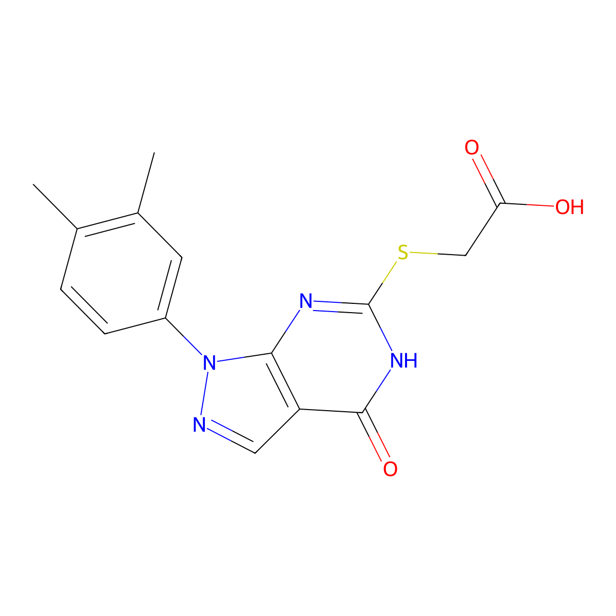 {[1-(3,4-dimethylphenyl)-4-oxo-4,5-dihydro-1H-pyrazolo[3,4-d]pyrimidin-6-yl]thio}acetic acid molecular structure, CAS 851125-21-8