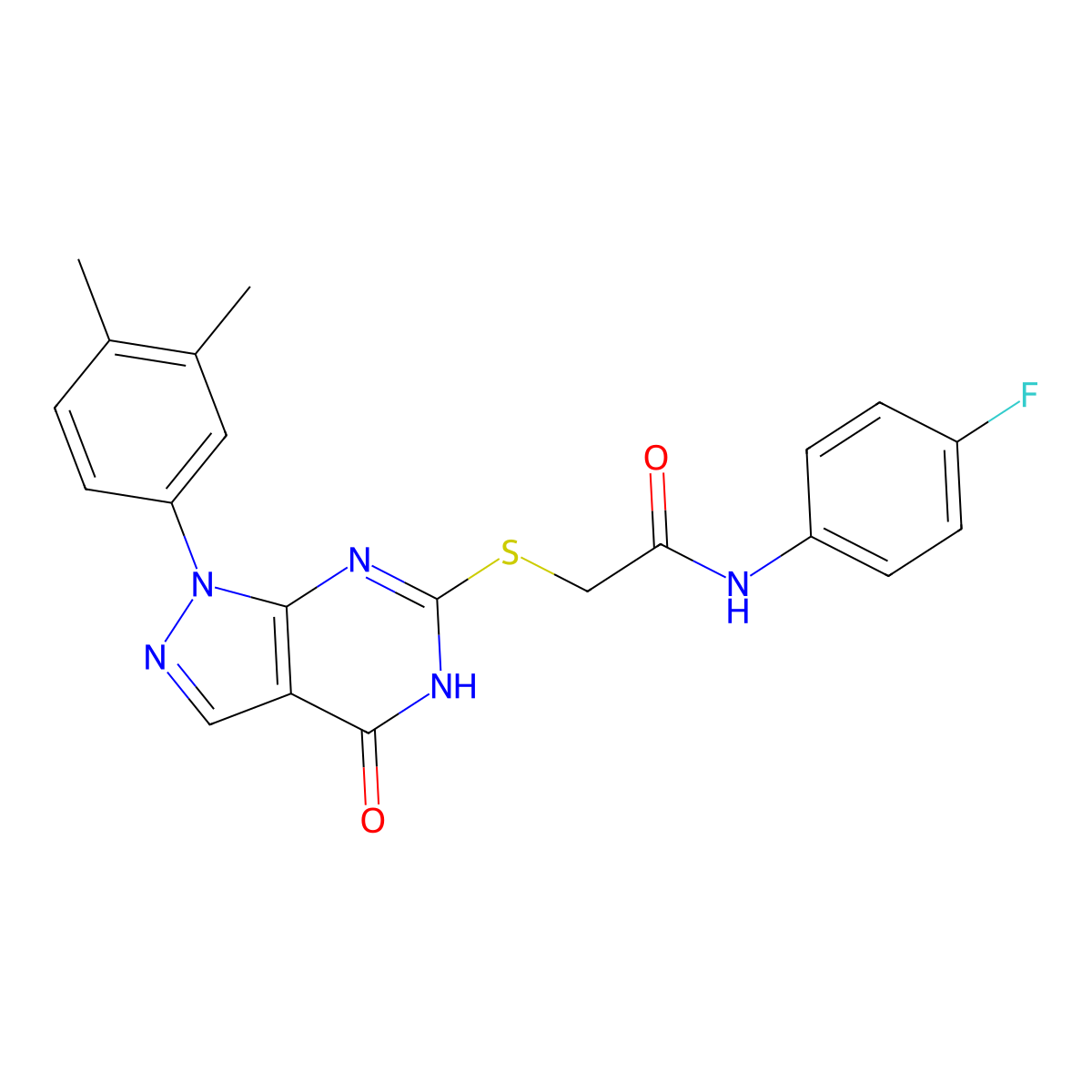 2-((1-(3,4-dimethylphenyl)-4-oxo-4,5-dihydro-1H-pyrazolo[3,4-d]pyrimidin-6-yl)thio)-N-(4-fluorophenyl)acetamide molecular structure, CAS 851125-65-0