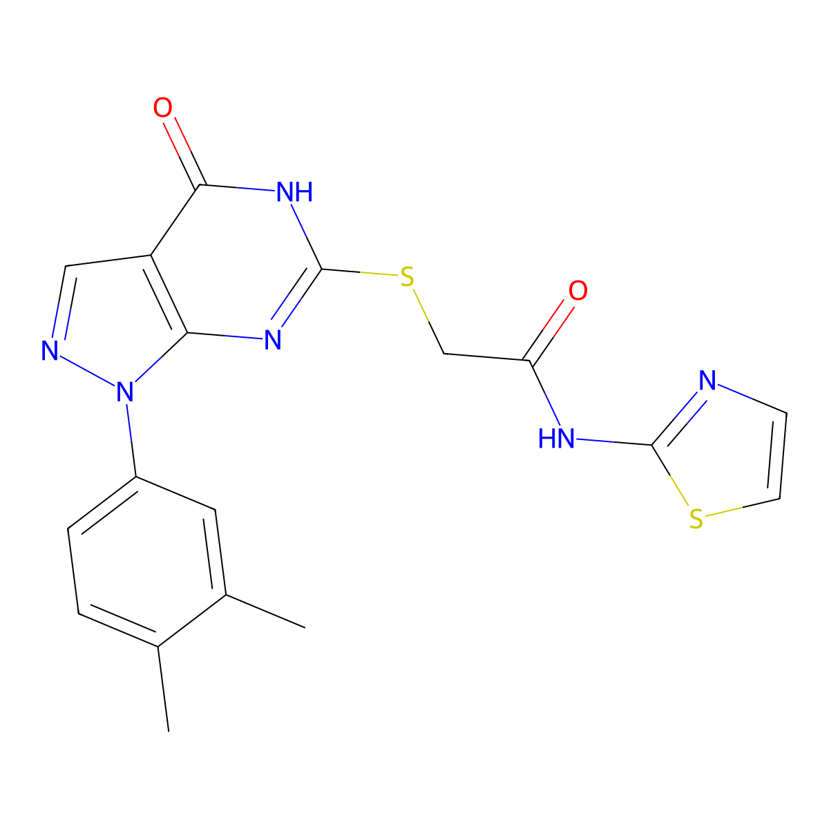 2-((1-(3,4-dimethylphenyl)-4-oxo-4,5-dihydro-1H-pyrazolo[3,4-d]pyrimidin-6-yl)thio)-N-(thiazol-2-yl)acetamide molecular structure, CAS 851125-78-5