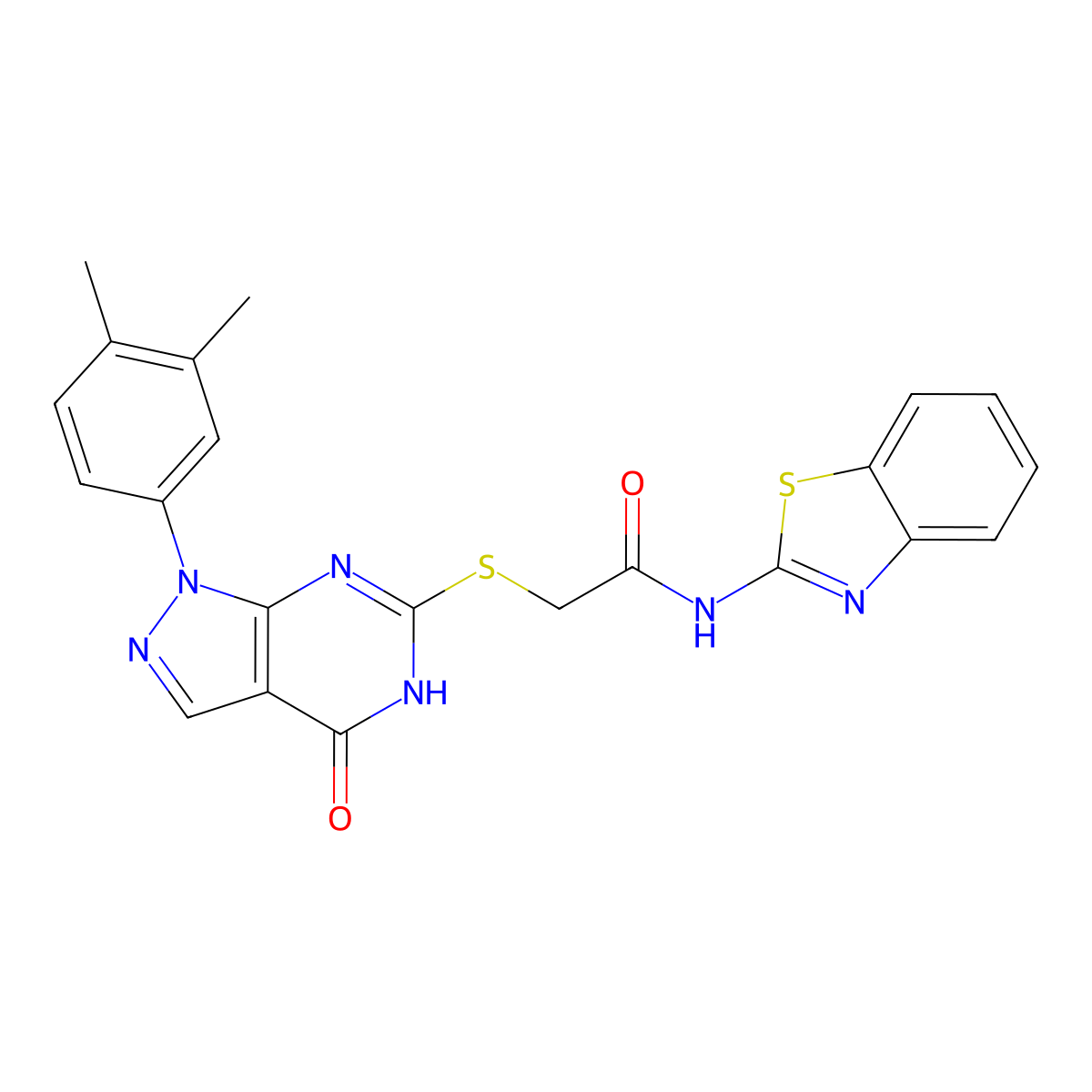 N-(benzo[d]thiazol-2-yl)-2-((1-(3,4-dimethylphenyl)-4-oxo-4,5-dihydro-1H-pyrazolo[3,4-d]pyrimidin-6-yl)thio)acetamide molecular structure, CAS 851125-79-6