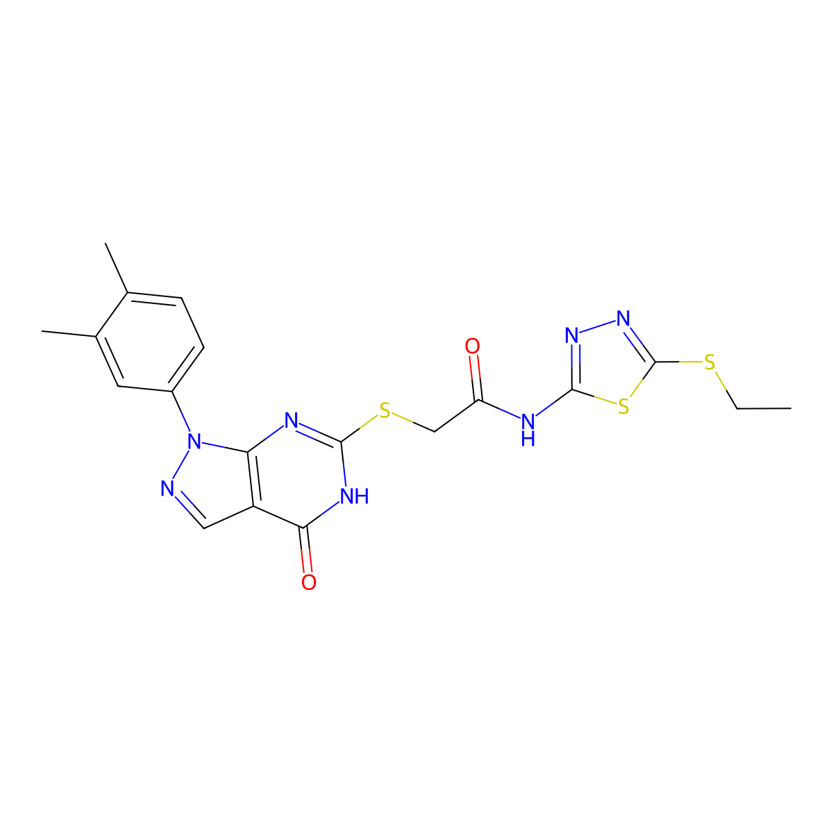 2-((1-(3,4-dimethylphenyl)-4-oxo-4,5-dihydro-1H-pyrazolo[3,4-d]pyrimidin-6-yl)thio)-N-(5-(ethylthio)-1,3,4-thiadiazol-2-yl)acetamide molecular structure, CAS 851125-80-9
