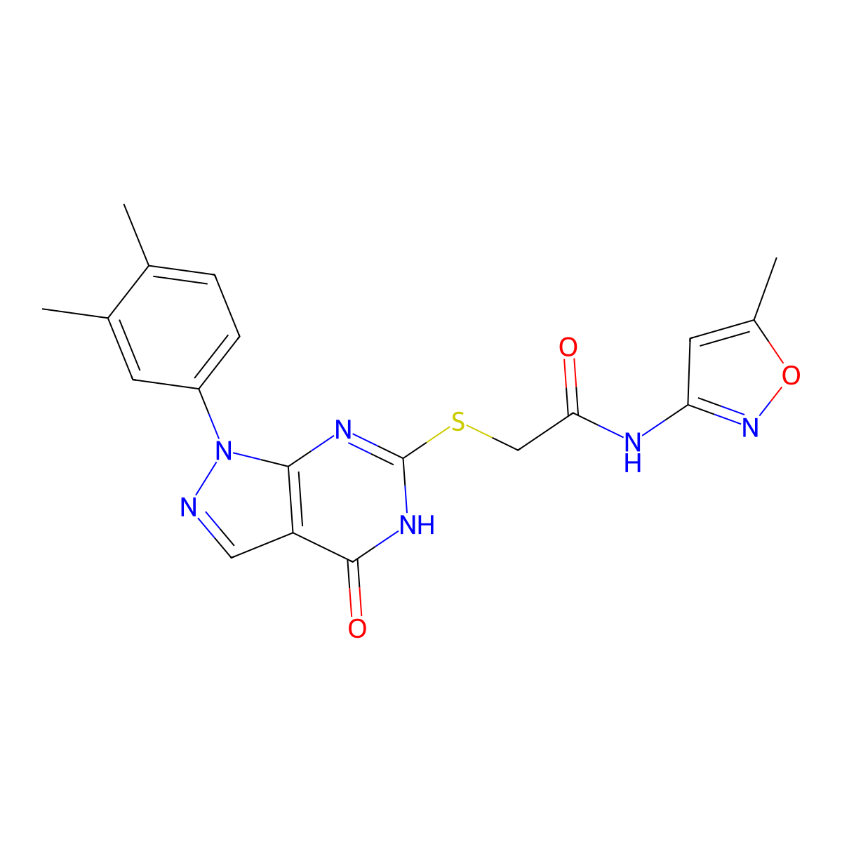 2-((1-(3,4-dimethylphenyl)-4-oxo-4,5-dihydro-1H-pyrazolo[3,4-d]pyrimidin-6-yl)thio)-N-(5-methylisoxazol-3-yl)acetamide molecular structure, CAS 851125-82-1