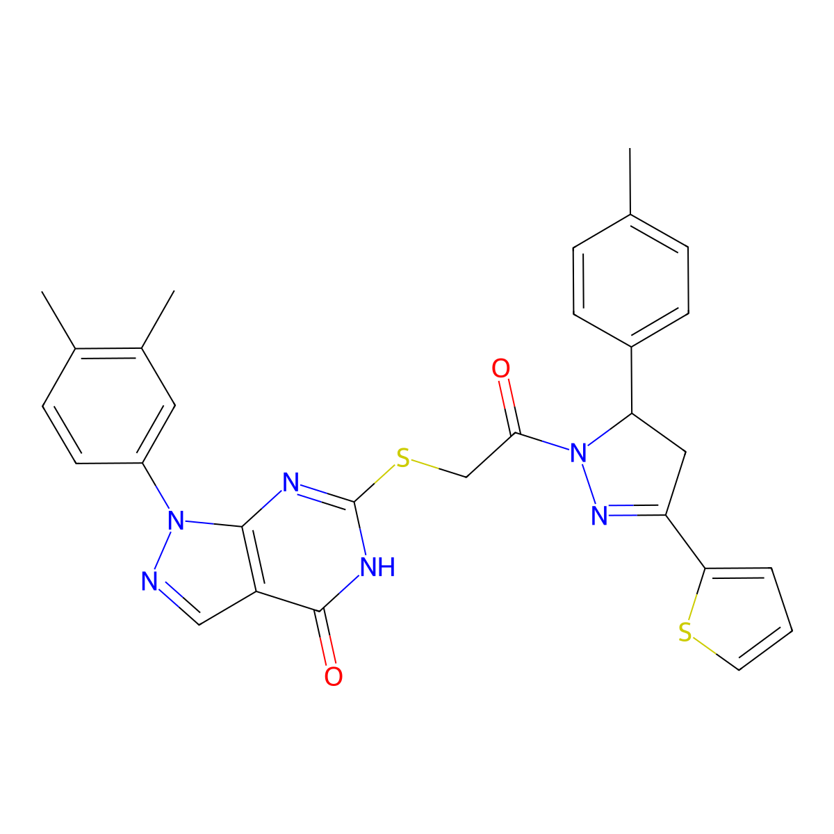 1-(3,4-dimethylphenyl)-6-((2-oxo-2-(3-(thiophen-2-yl)-5-(p-tolyl)-4,5-dihydro-1H-pyrazol-1-yl)ethyl)thio)-1H-pyrazolo[3,4-d]pyrimidin-4(5H)-one molecular structure, CAS 851125-83-2