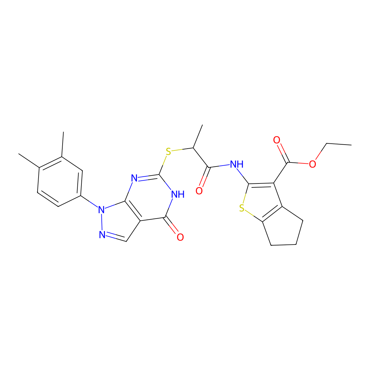 ethyl 2-(2-((1-(3,4-dimethylphenyl)-4-oxo-4,5-dihydro-1H-pyrazolo[3,4-d]pyrimidin-6-yl)thio)propanamido)-5,6-dihydro-4H-cyclopenta[b]thiophene-3-carboxylate molecular structure, CAS 851125-87-6