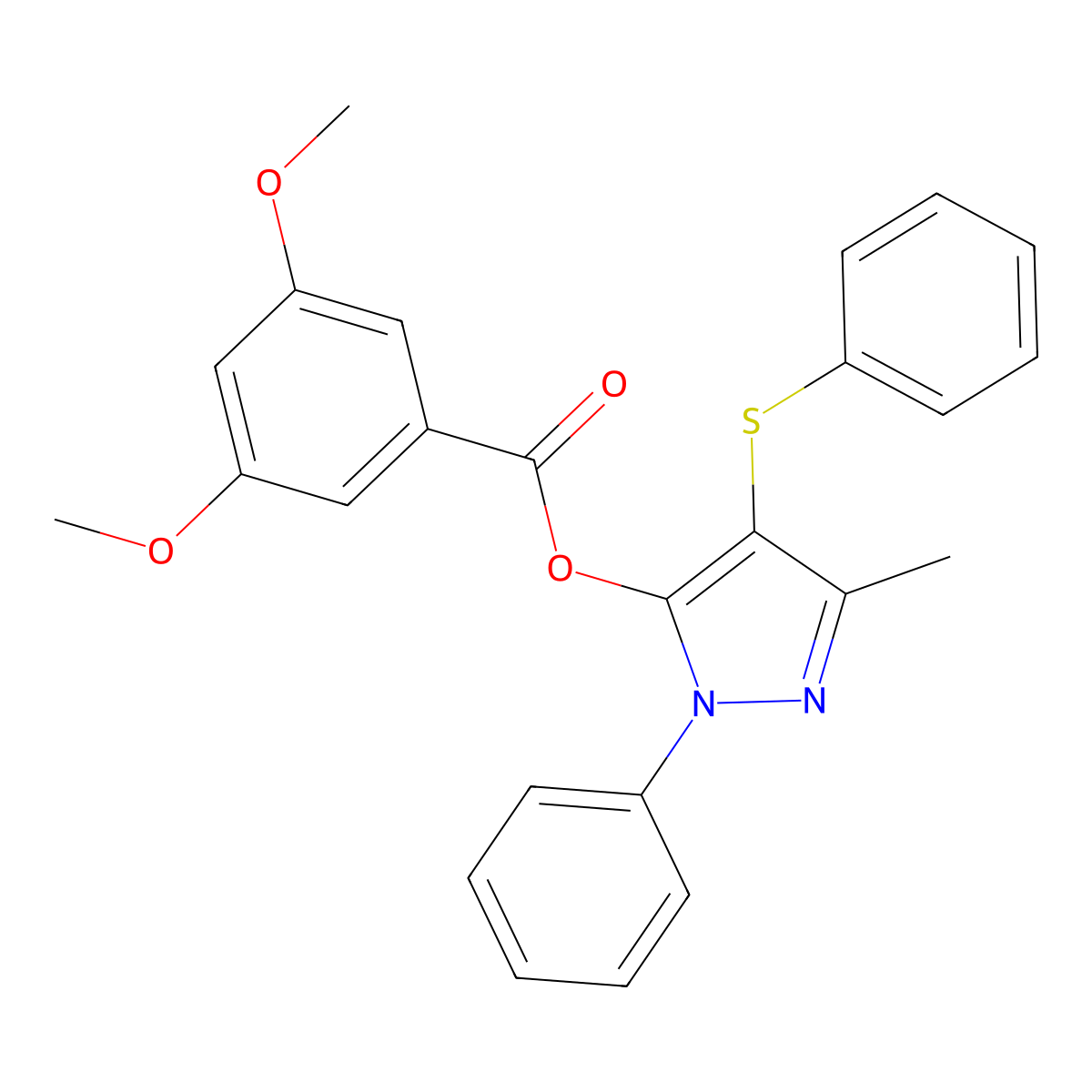 3-methyl-1-phenyl-4-(phenylthio)-1H-pyrazol-5-yl 3,5-dimethoxybenzoate molecular structure, CAS 851126-15-3
