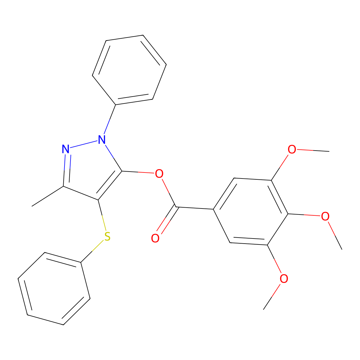 (5-Methyl-2-phenyl-4-phenylsulfanylpyrazol-3-yl) 3,4,5-trimethoxybenzoate molecular structure, CAS 851126-18-6