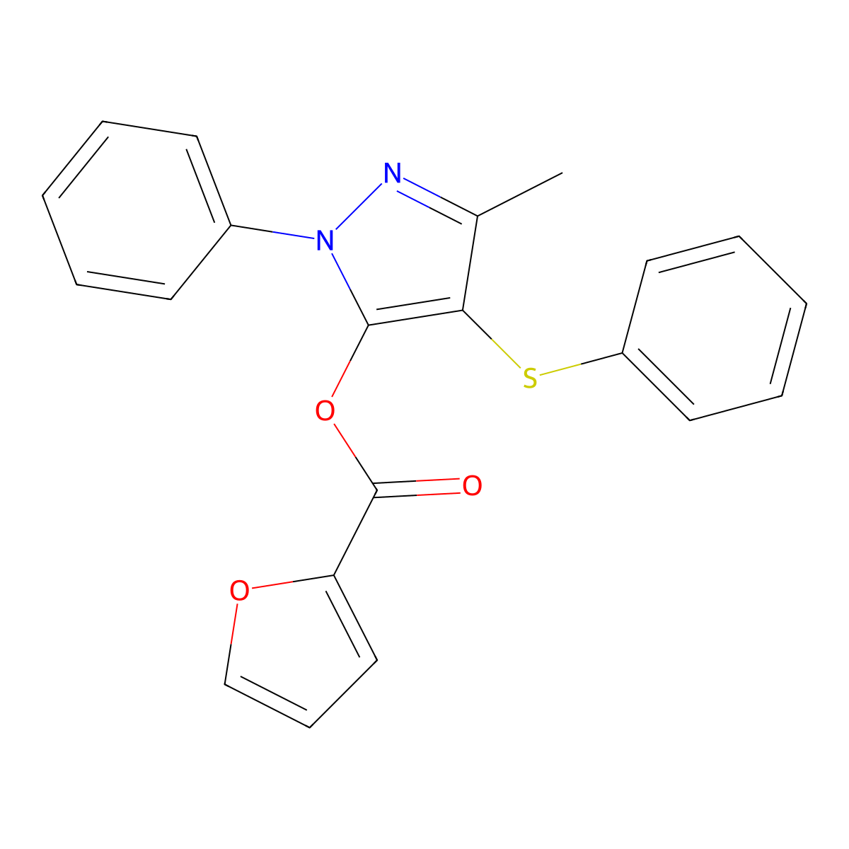 3-methyl-1-phenyl-4-(phenylthio)-1H-pyrazol-5-yl furan-2-carboxylate molecular structure, CAS 851126-19-7