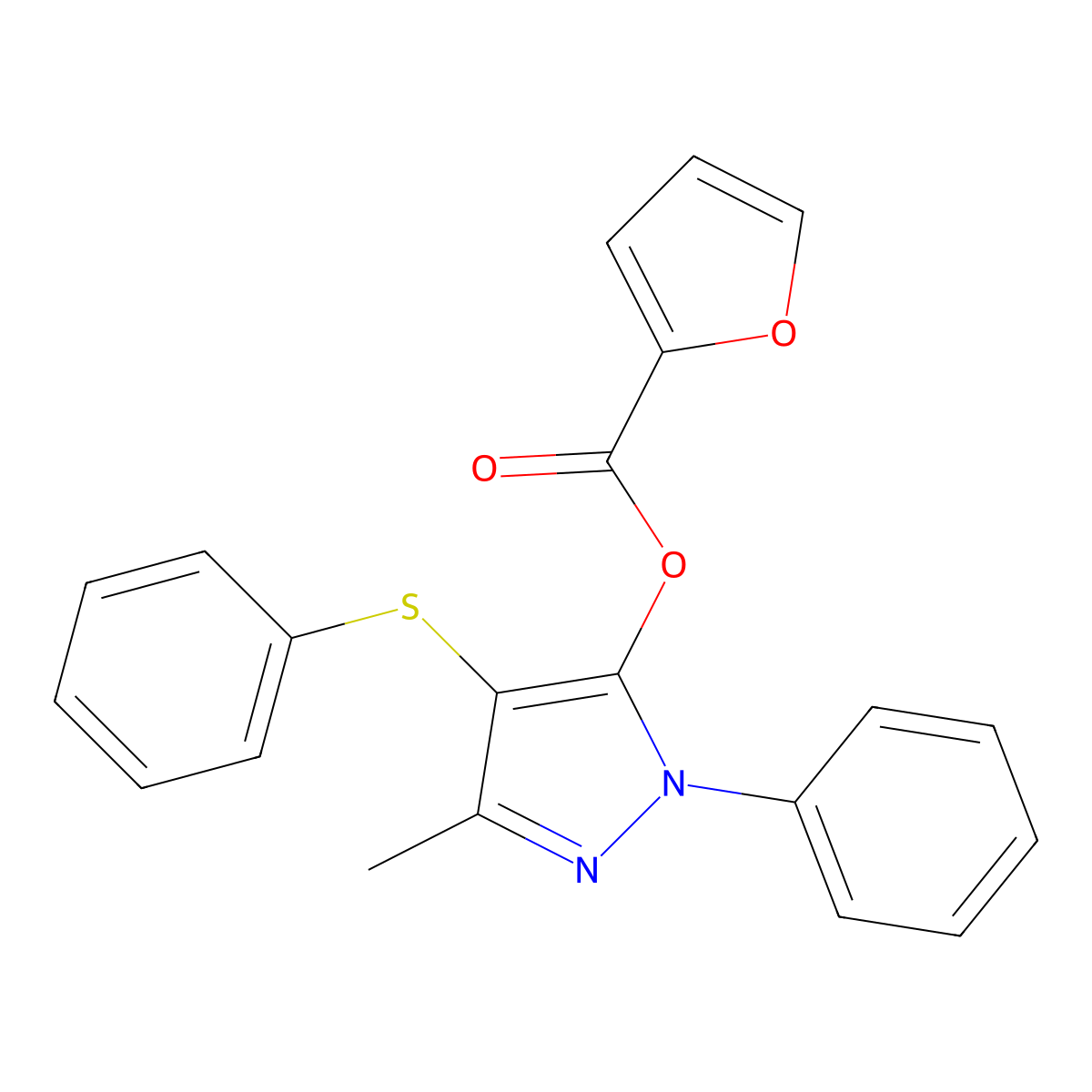 3-methyl-1-phenyl-4-(phenylthio)-1H-pyrazol-5-yl furan-2-carboxylate molecular structure, CAS 851126-19-7