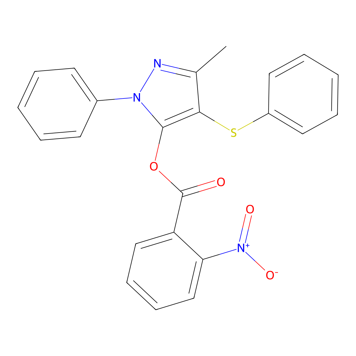 (5-Methyl-2-phenyl-4-phenylsulfanylpyrazol-3-yl) 2-nitrobenzoate molecular structure, CAS 851126-22-2