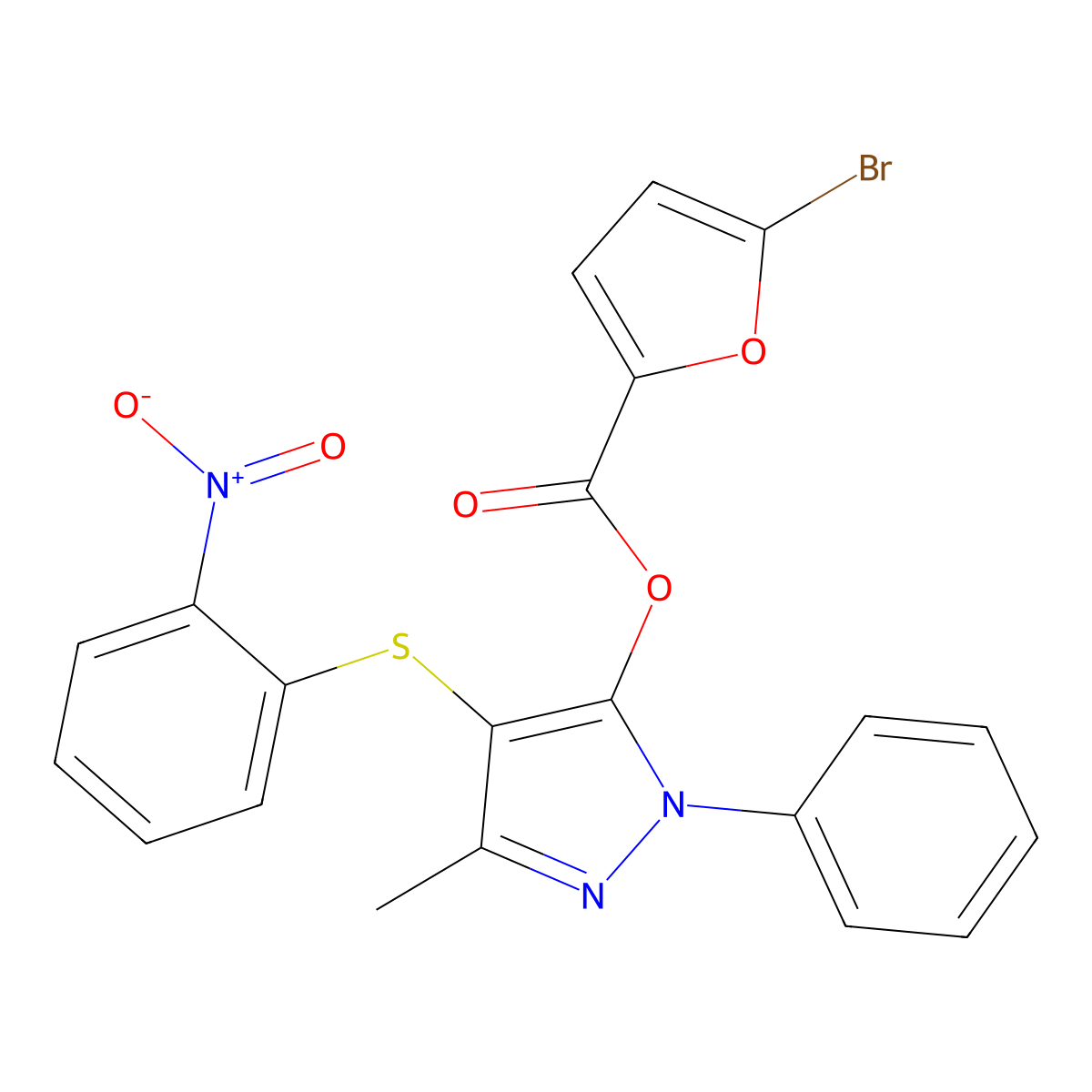 3-methyl-4-((2-nitrophenyl)thio)-1-phenyl-1H-pyrazol-5-yl 5-bromofuran-2-carboxylate molecular structure, CAS 851126-30-2