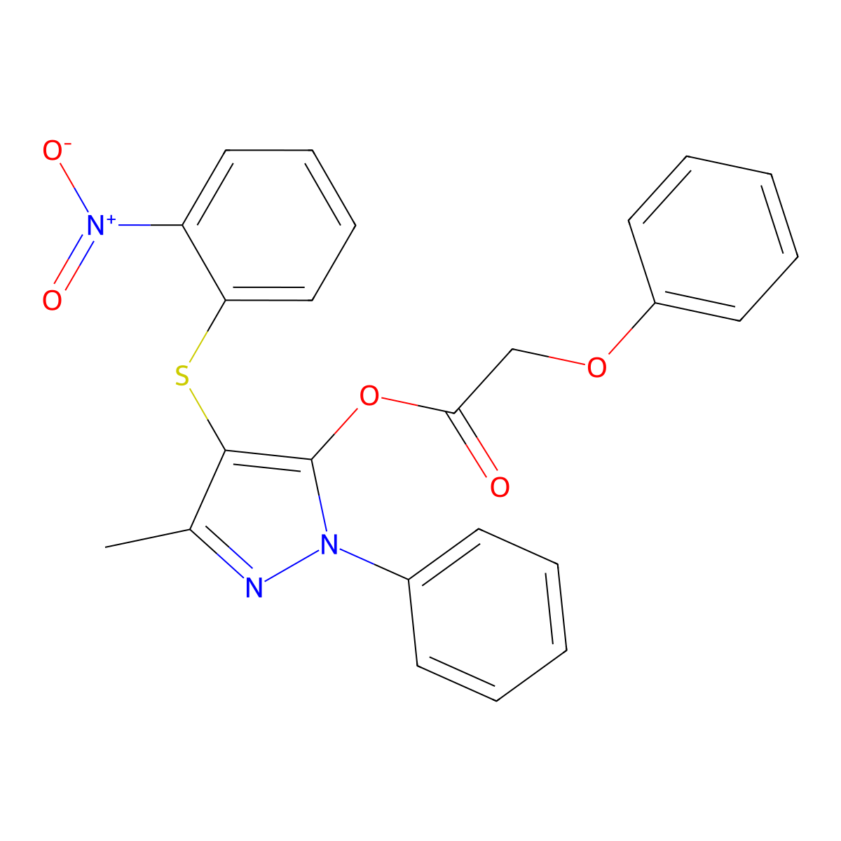 3-methyl-4-((2-nitrophenyl)thio)-1-phenyl-1H-pyrazol-5-yl 2-phenoxyacetate molecular structure, CAS 851126-38-0