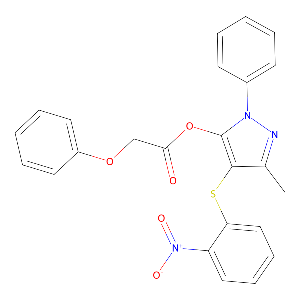 3-methyl-4-((2-nitrophenyl)thio)-1-phenyl-1H-pyrazol-5-yl 2-phenoxyacetate molecular structure, CAS 851126-38-0